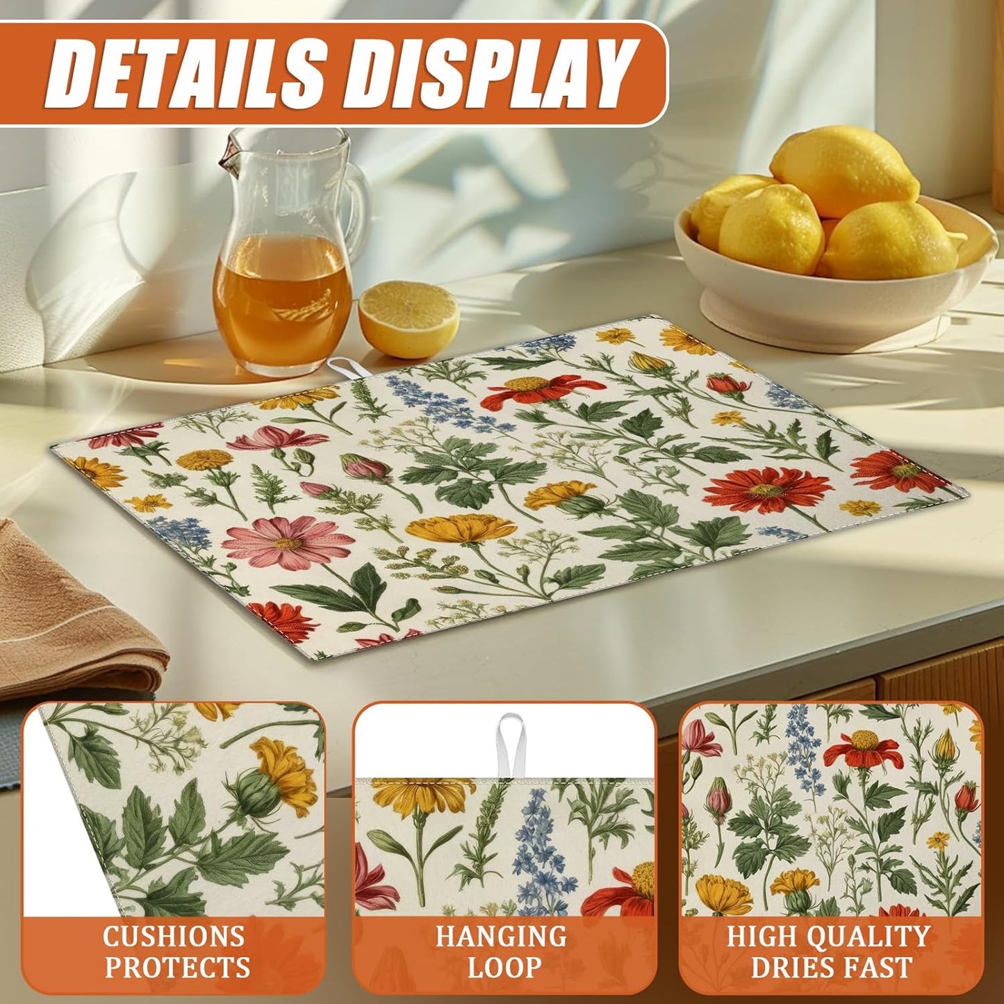 Spring Wild Flower Dish Drying Mat for Kitchen Counter Microfiber Absorbent Dish Kitchen Drying Mat Draining Reusable Washable for Dishes/Utensils/Counterto