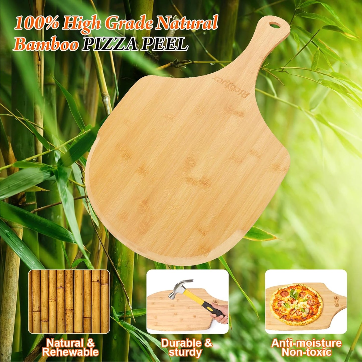 2 Pack Natural Bamboo Pizza Peel 14 inch, Wood Pizza Paddle, Cutting Board with Handle for Pizza, Bread, Cheese, Vegetable, Fruits