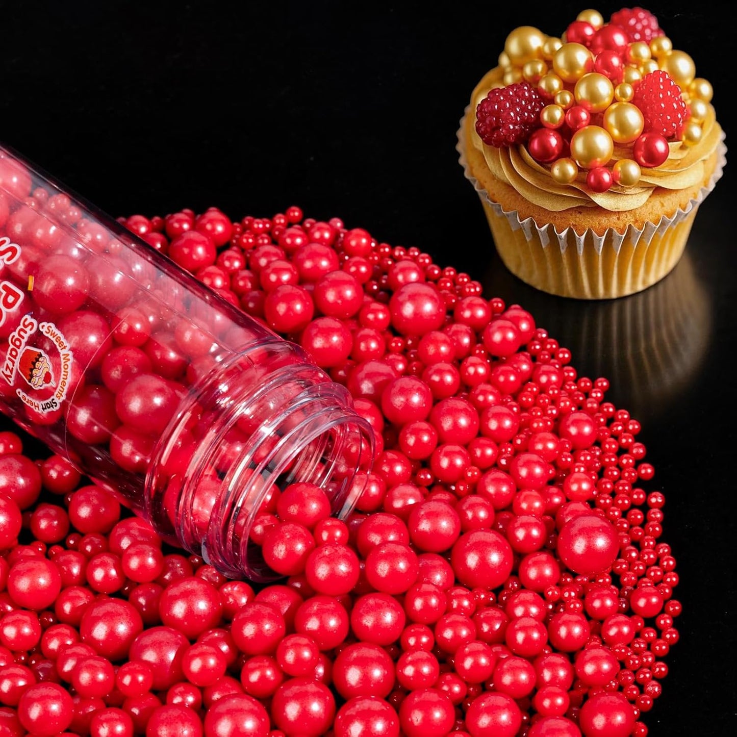 Red Pearl Sprinkles,Edible Pearl Sugar Sprinkles,Baking Edible Cake Decorations,Cupcake Toppers,Cookie Decorating,Donuts Ice Cream Toppings,Wedding Birthday Party Valentines Christmas Supplies,130g/4.58oz