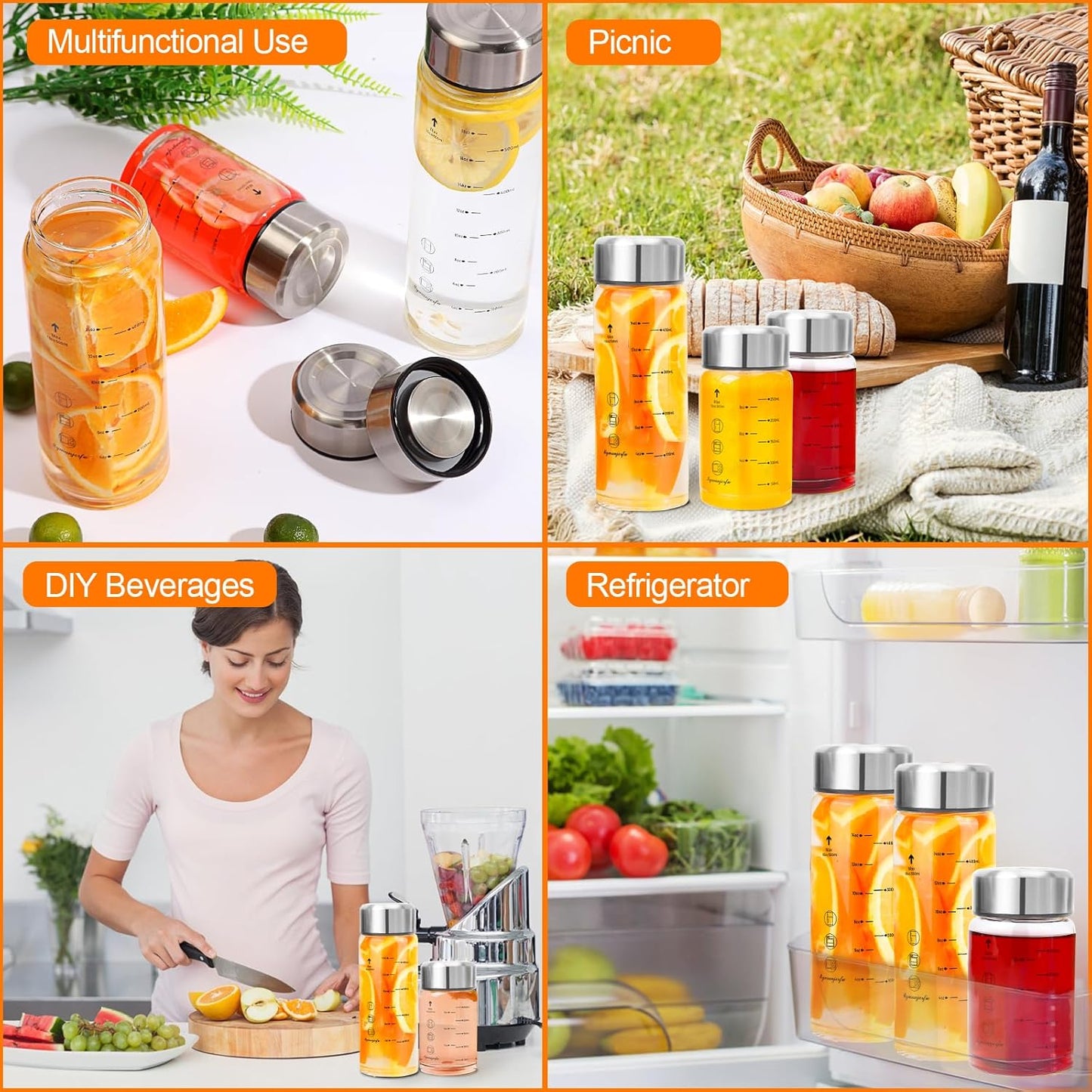 Glass Juice Bottles 4 Pack 20 oz - Wide Mouth Glass Water Bottles with Lids - for Juicing, Smoothies, Milk, Protein, BPA Free, Reusable, Stainless Steel Lids, Leak Proof, Shaker bottle [20oz/600ml]