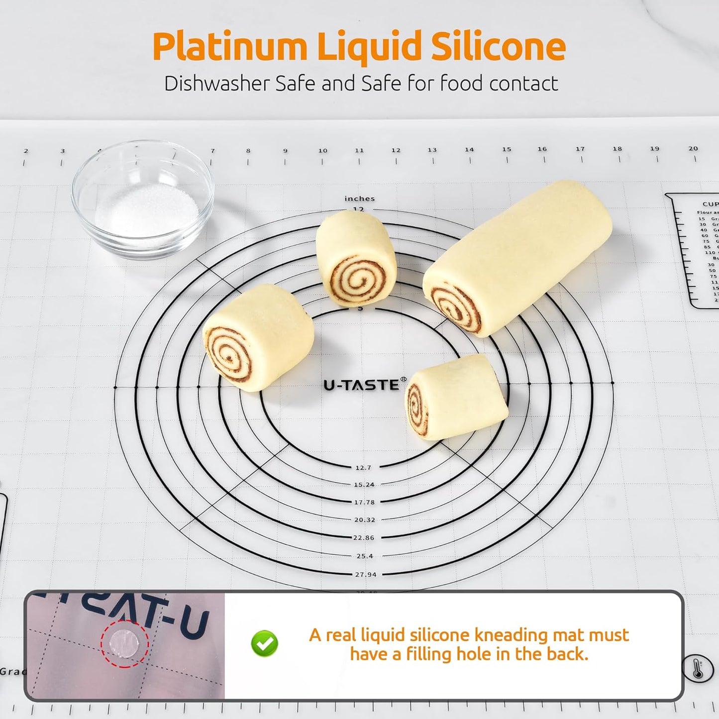 U-Taste 28"x20" Large Pastry Mat: Food-Grade Liquid Silicone Dough Rolling Baking Sheet, Non-Stick Non-Slip for Kneading, Making Pizza, Fondant with Clear Measurement and Raised Edges (Transparent)