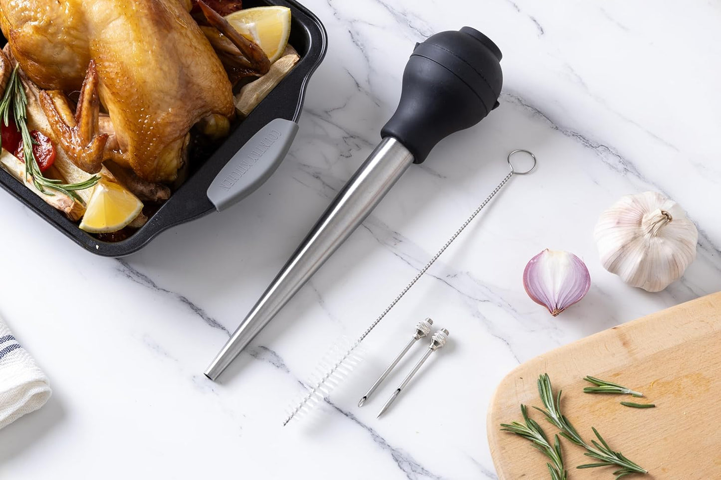COOK WITH COLOR Turkey Baster with Cleaning Brush - Food Grade Syringe Baster For Cooking, Deluxe Set, Black