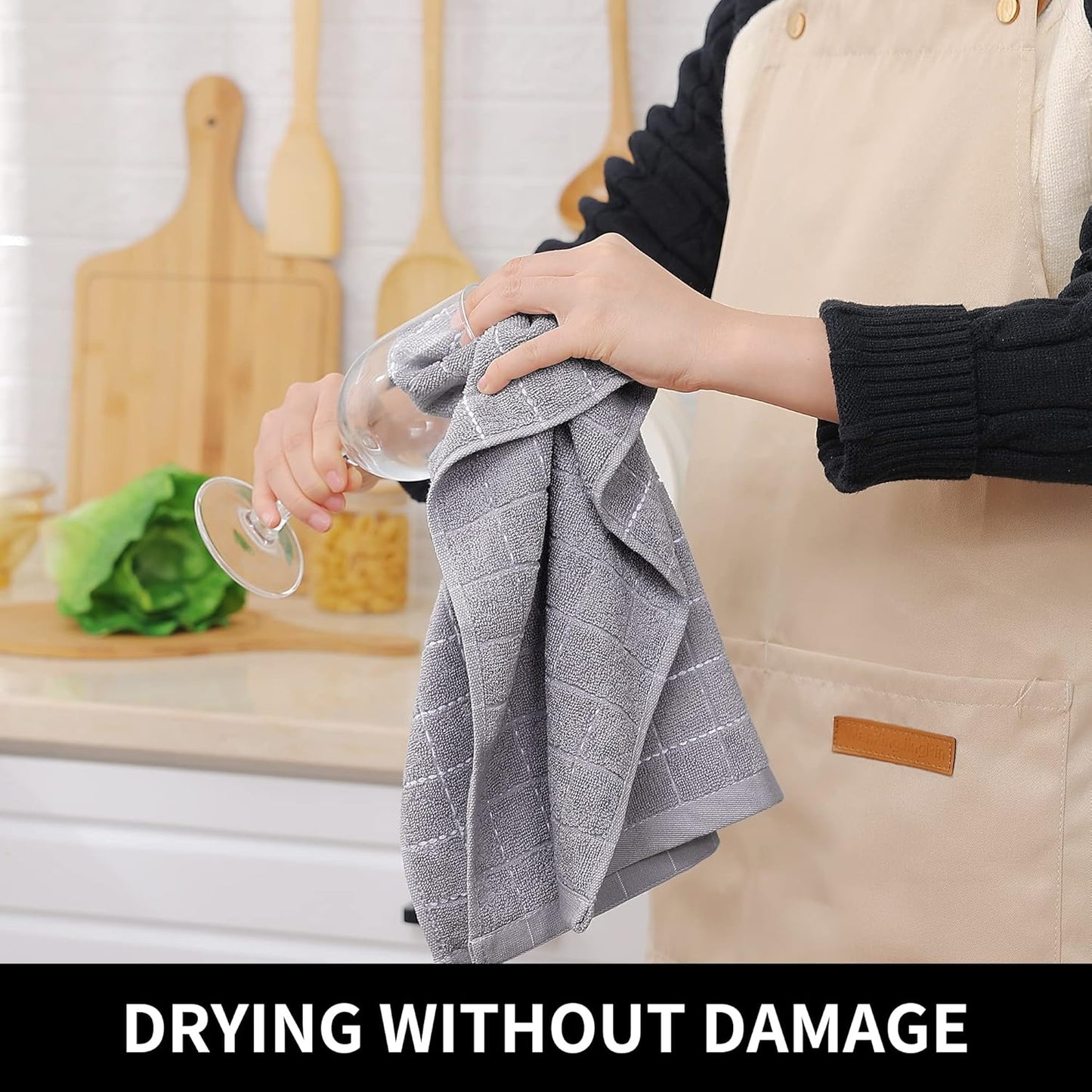 Homaxy 100% Cotton Terry Kitchen Towels(Light Grey, 13 x 28 Inches), Checkered Designed, Soft and Super Absorbent Dish Towels, 4 Pack