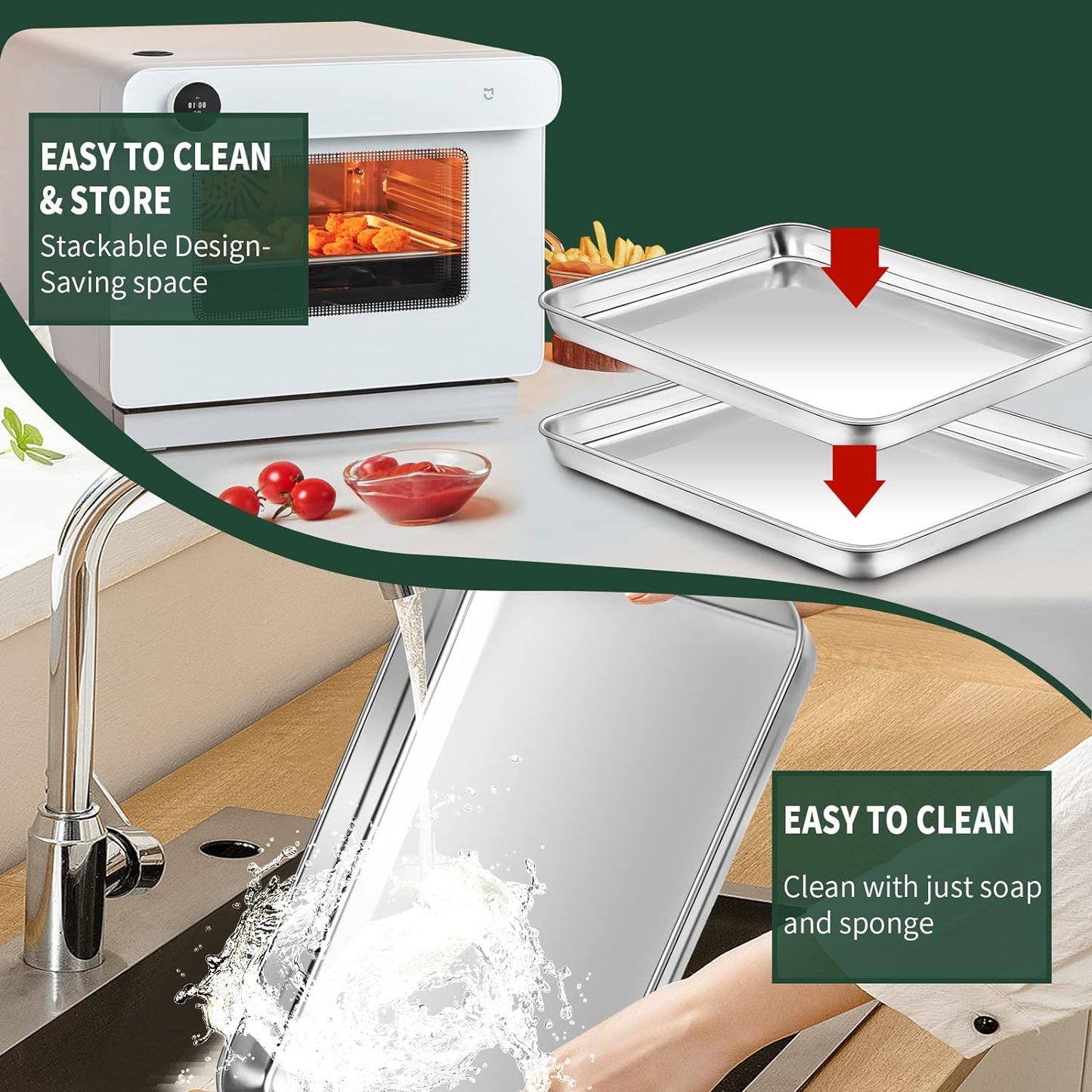 Jelly Roll Pan with Cooling Rack Set [2 Baking Pans + 2 Baking Racks], CEKEE Stainless Steel Baking Sheet Tray with Wire Rack Set, Commercial Quality, Rust Proof & Nonstick, Size 15.94 x 12 x 1 Inch