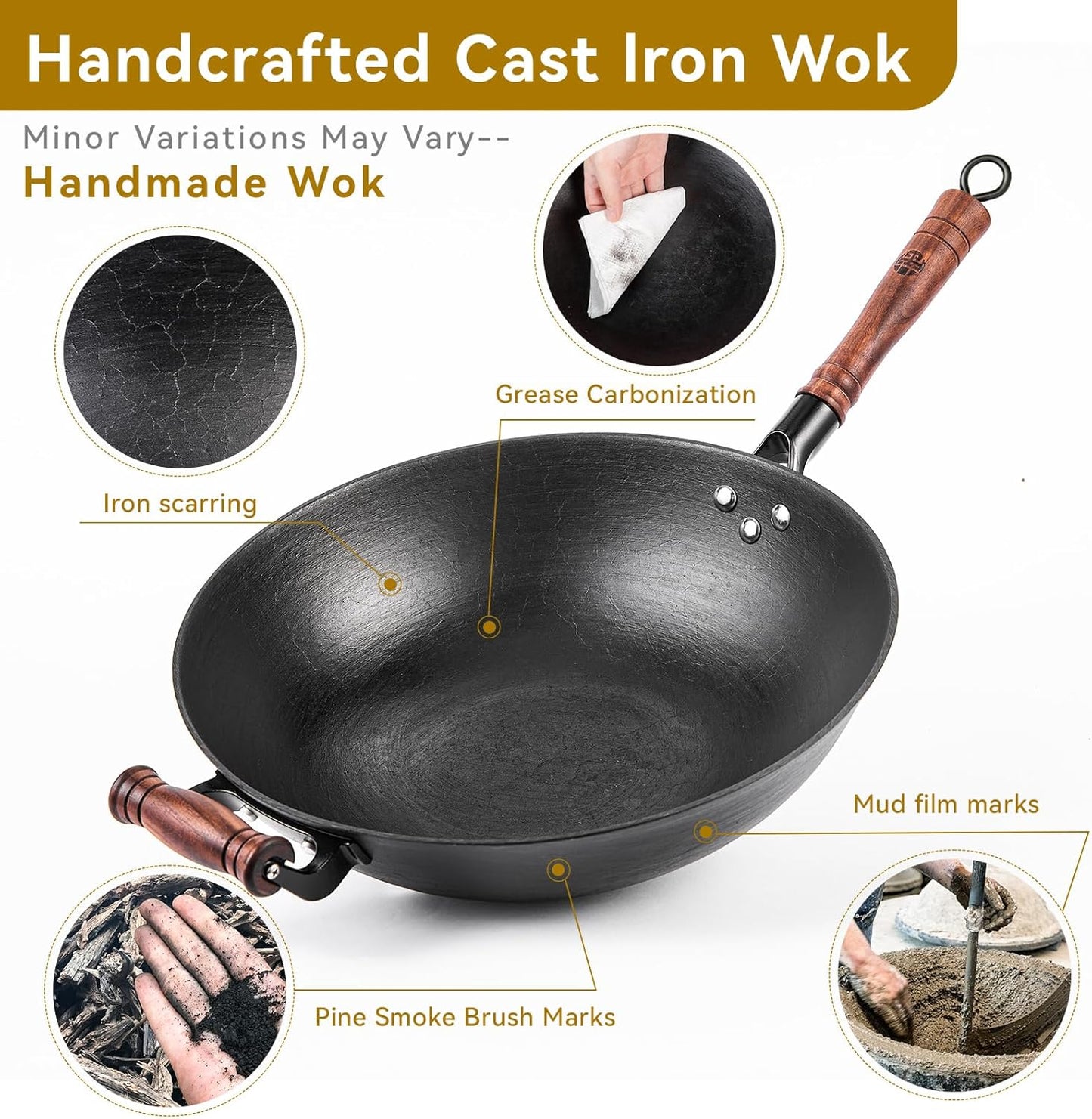 WANGYUANJI Cast Iron Pot,13.4 inch Craft Wok Chinese Wok,Flat Bottom Iron Woks with Lid,Fry Pan Suitable for Induction, Electric, Gas, Halogen All Stoves-Black