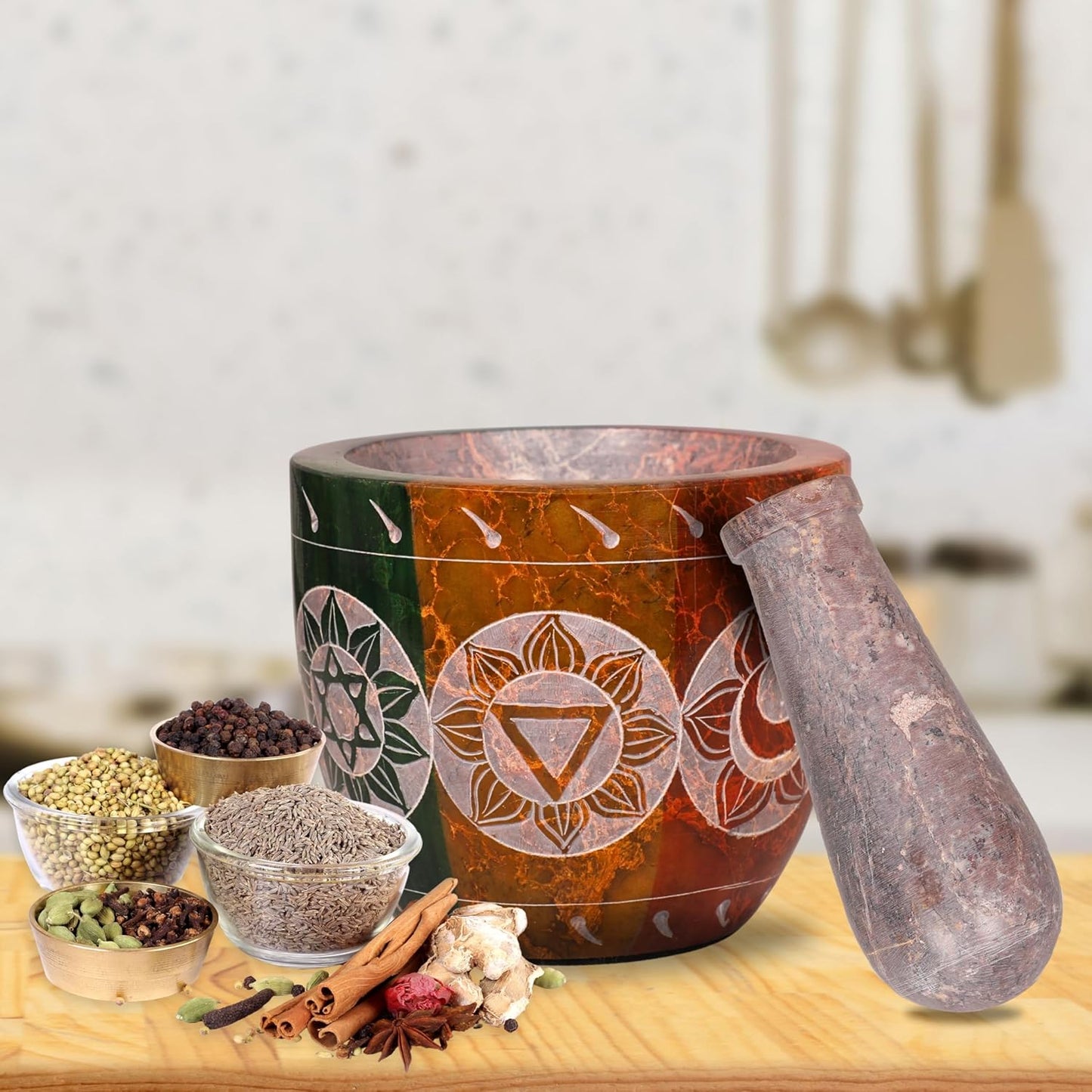 Mortar and Pestle, Made of Heavy Duty Polished Hard Stone, Natural Stone Grinder for Spices, Pastes, Herbs, Seasoning etc. (7 Chakra)