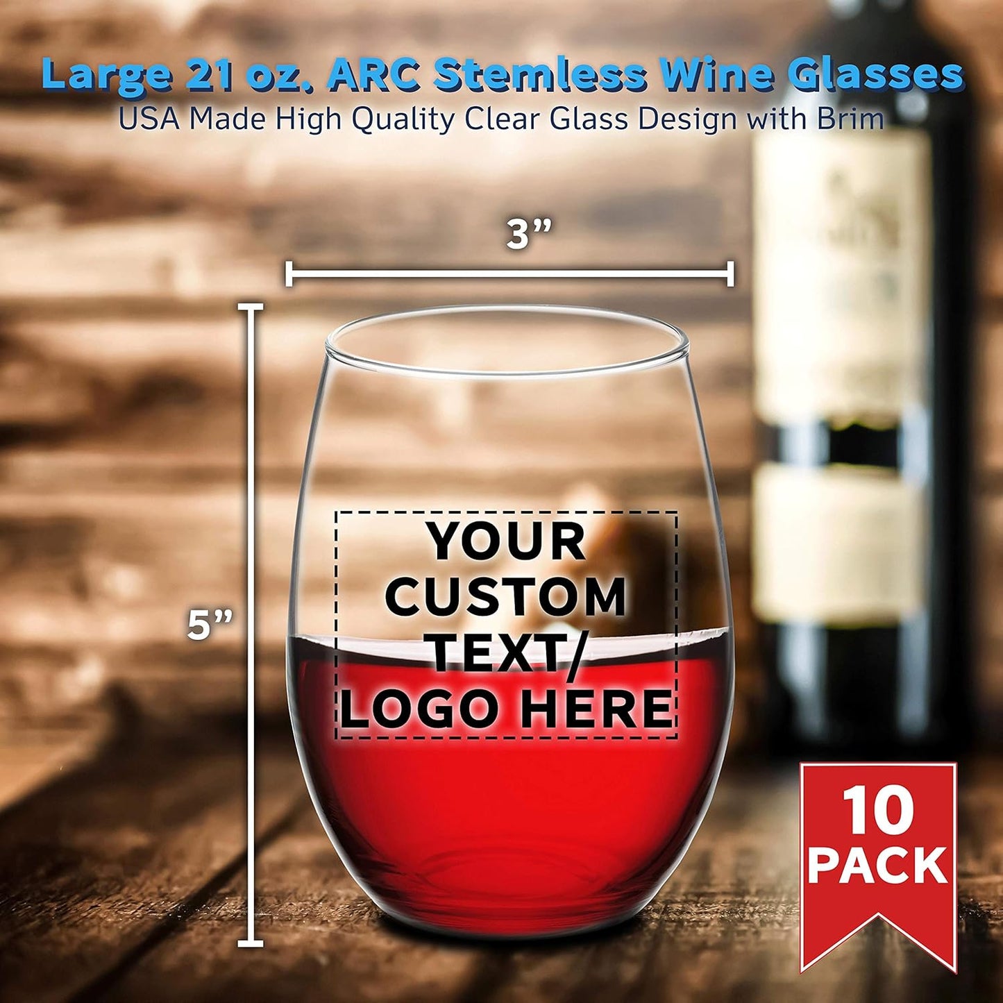 DISCOUNT PROMOS 10 ARC Stemless Wine Glasses Set, 21 oz. - Customizable Text, Logo - Chardonnay, Cabernet, Merlot, Sauvignon - Clear