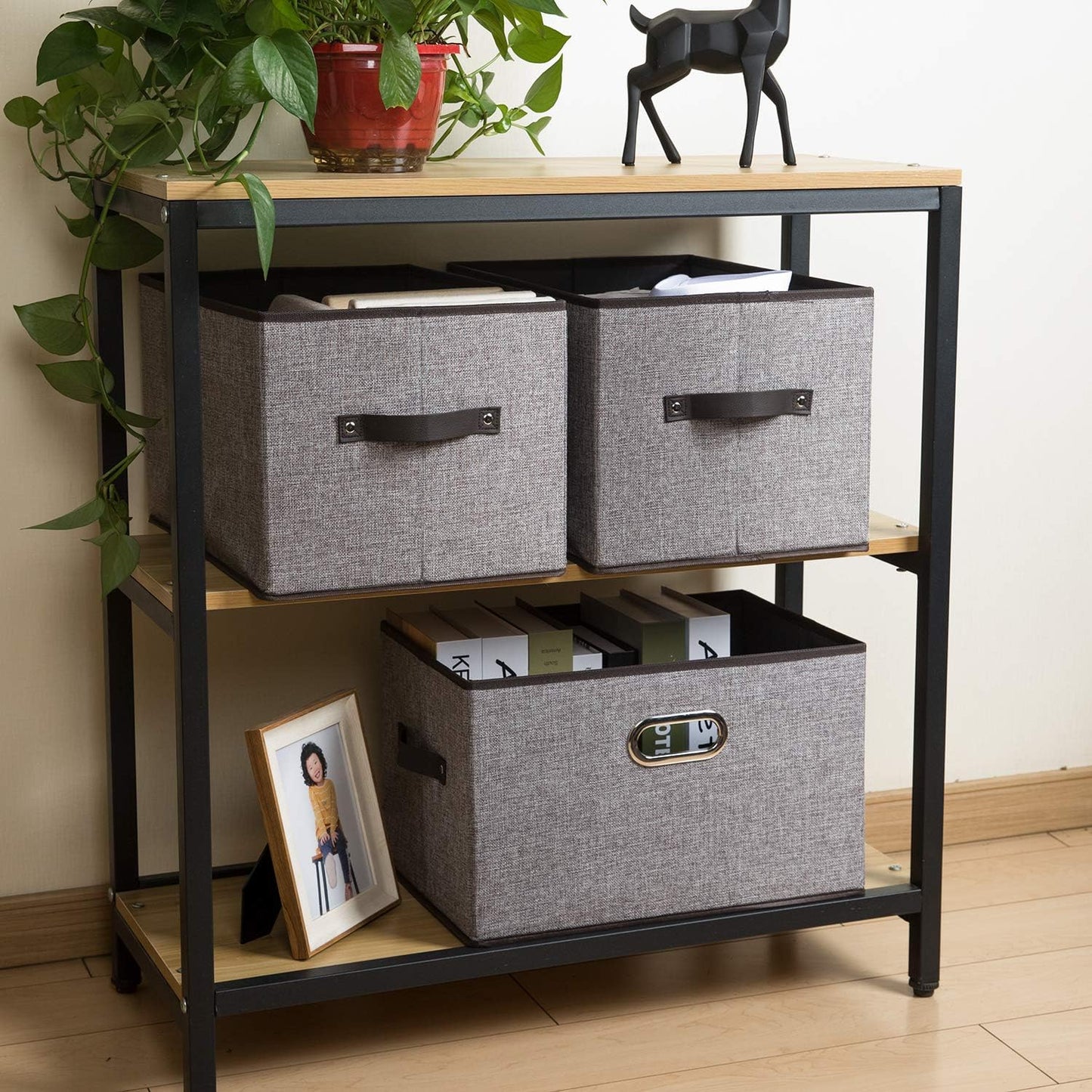 PRANDOM Larger Collapsible Storage Bins for Closet [5-Pack] Decorative Linen Fabric Storage Baskets Cubes with Leather/Metal Handles for Living Room Grey (17.3x12.2x10.4 Inch)