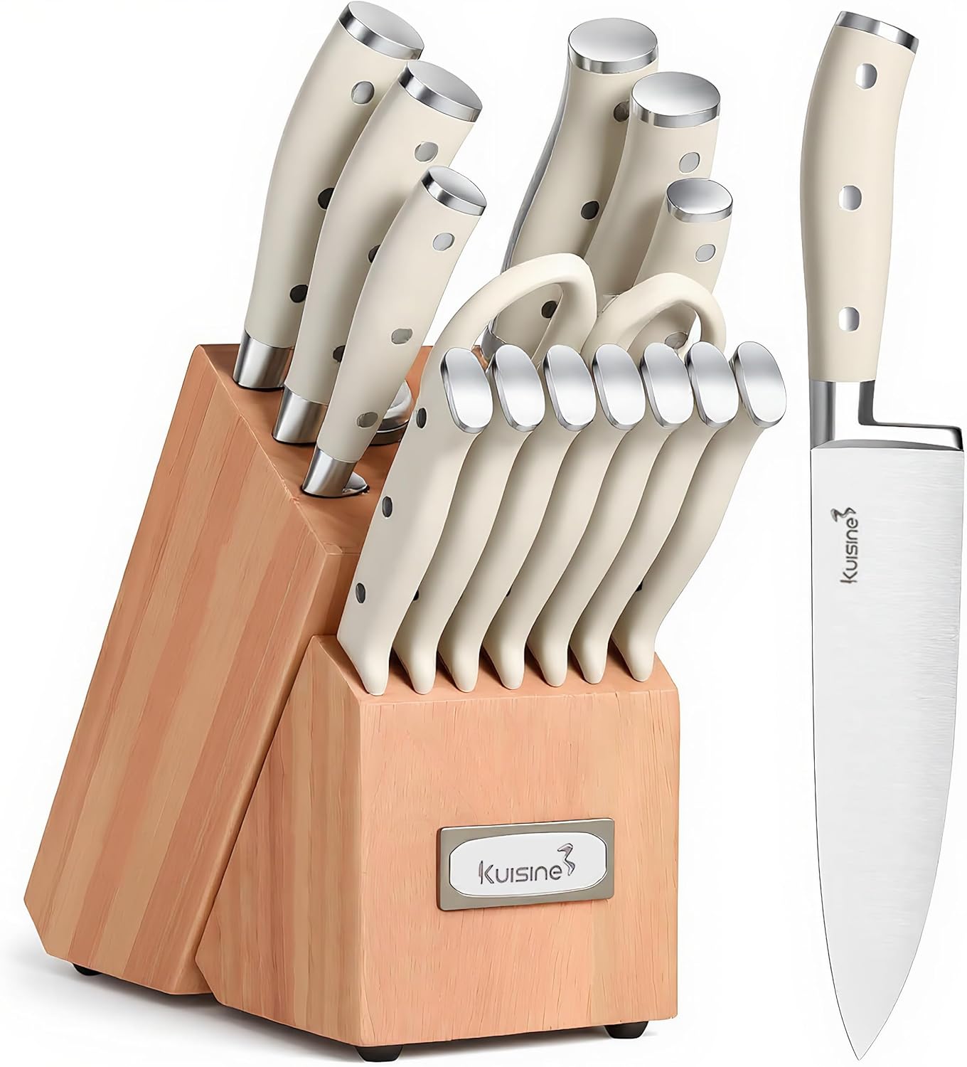 KUISINE Knife Set High Carbon Stainless Steel Ultra Sharp Blade Ergonomic Handle,Knife Block Set with Built-in Sharpener(Ivory Acacia,15PCS)