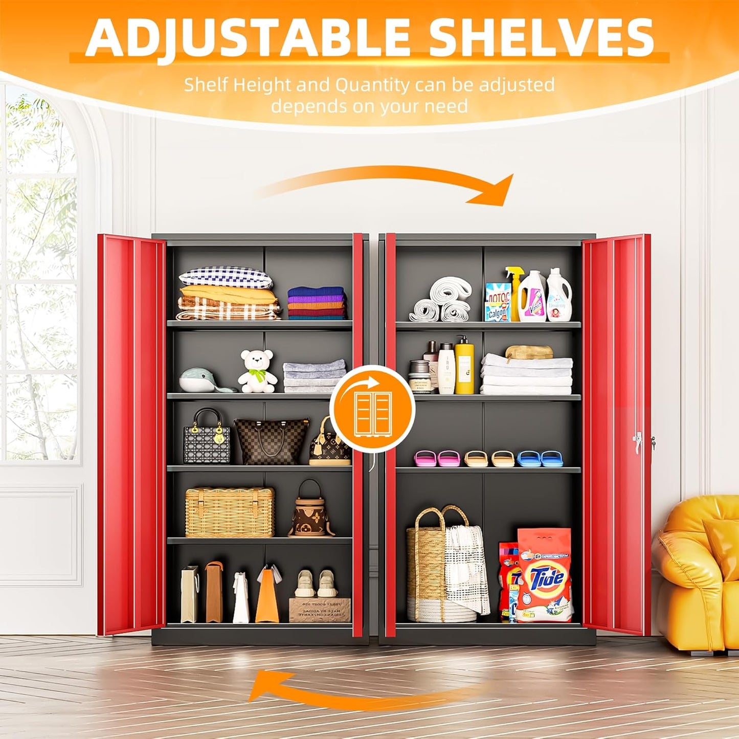 INTERGREAT Metal Storage Cabinets 72” Black Red Garage Steel Storage Cabinet with Doors and Shelves, Steel File Cabinet for Home Office, Basement, Warehouse, Classroom（Anti Tipping）