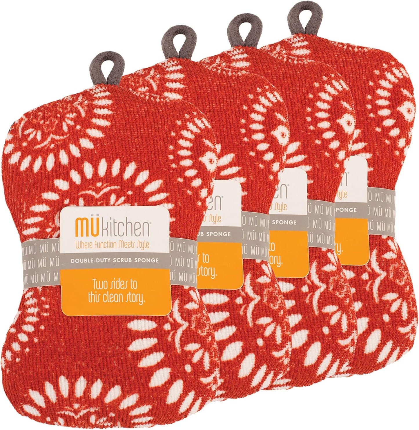 MÜkitchen Premuim Sponge for Dishes and Household Cleaning | Microfiber Print and Non-Scratch Scrub Pad | Set of 4 | (Medallion Red)