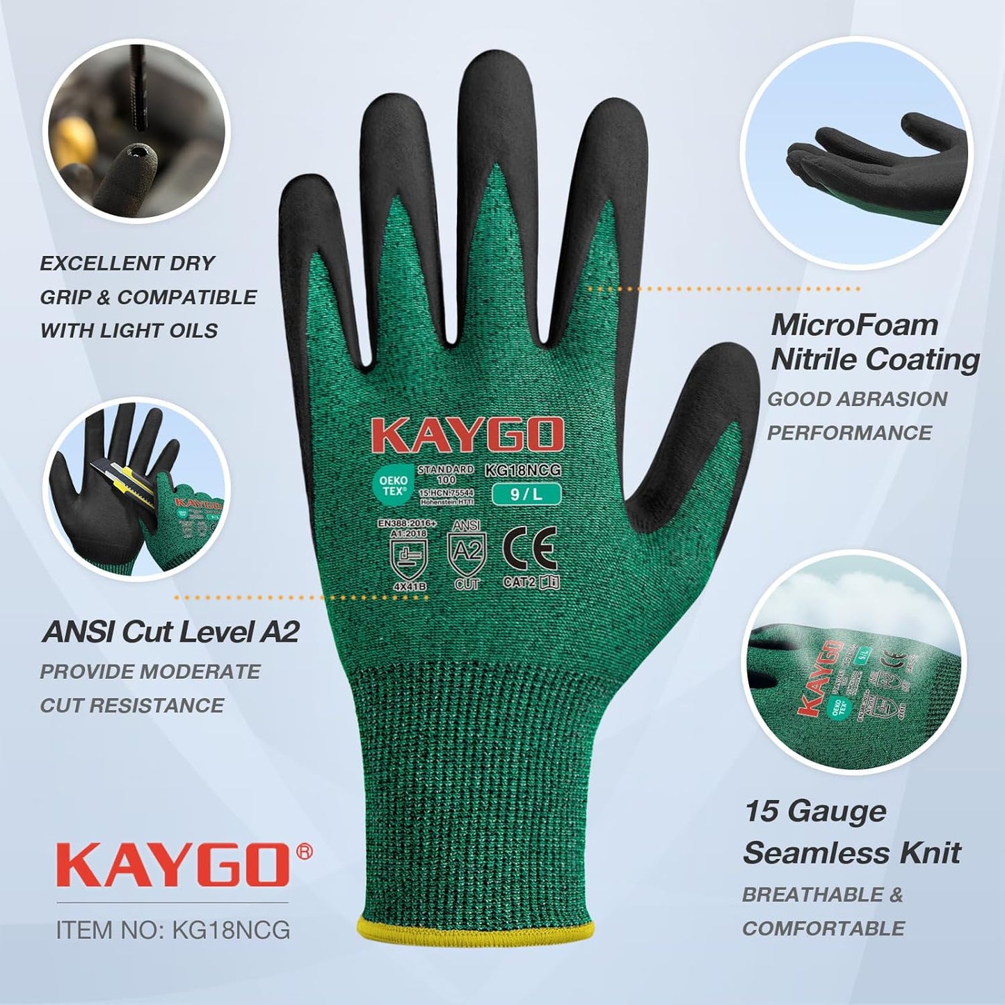 KAYGO Safety Work Gloves MicroFoam Nitrile Coated, 3 Pairs KG18N, Cut Resistant Glove with Abrasion and Oil Resistant Grip, ANSI Cut Level A2, L, Green