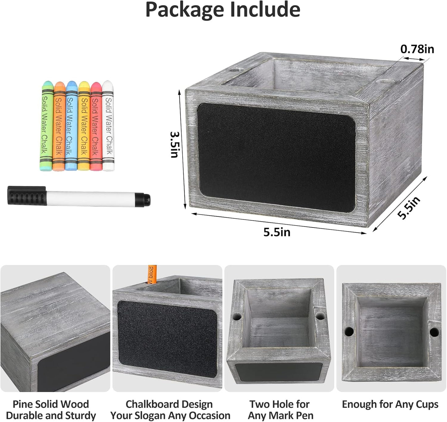 Wooden Cup Holder - Party Cup Holder with Marker Slot, with Chalkboard for Party and Wedding, Rustic Cup Holder for Countertop, Grey