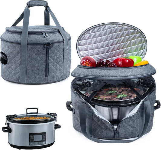 BAGSPRITE Double-layer Slow Cooker Carrying Case Compatible with 6-8 Quart Crockpot Carrier for Hot Food and Hamlton Beach Slow Cooker Tote with Lid Fastener for Crock-pot Dust Cover Applicances