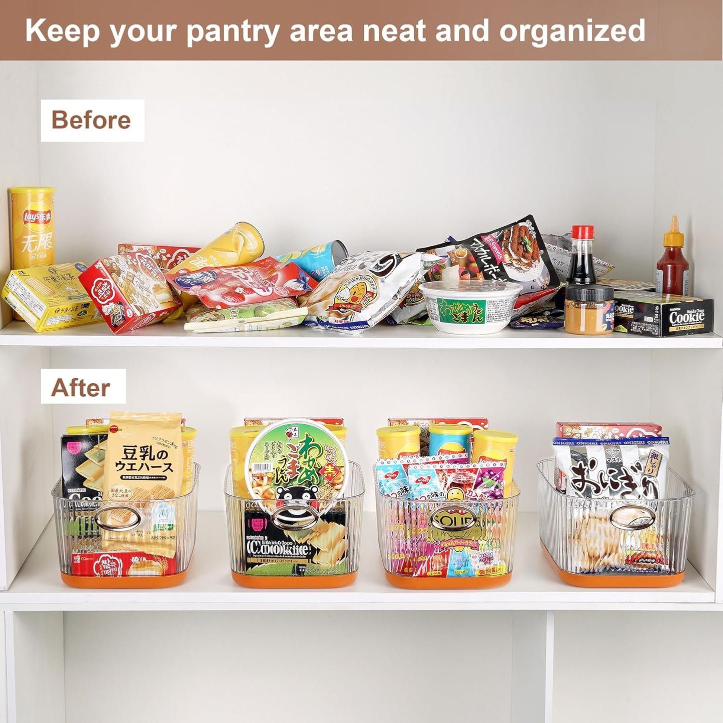 VECELO Refrigerator Organizers - Durable PET Storage Bins, Space Saving, Clear View, Contain Spill, Organizer for Kitchen, Laundry, Closet - Set of 2