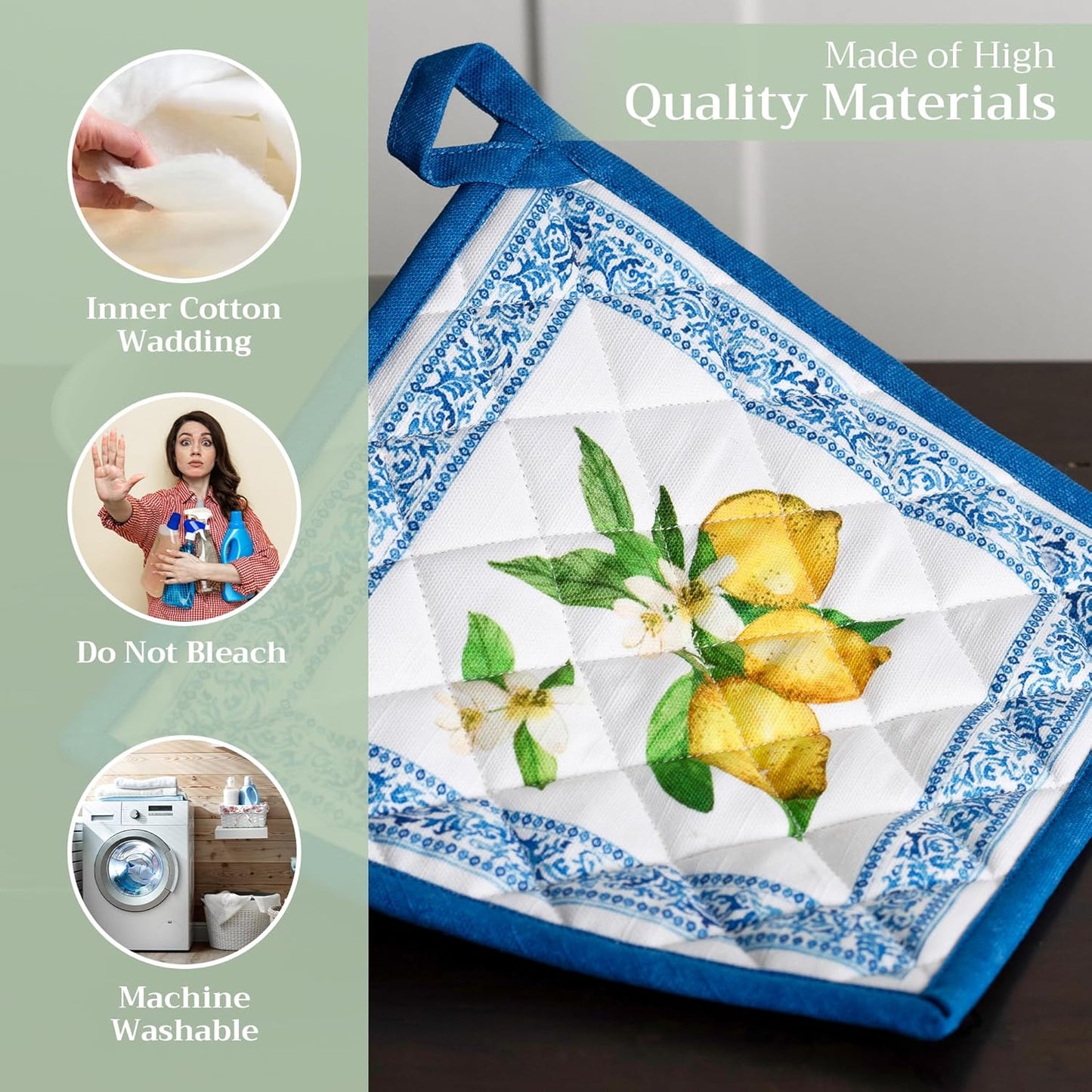 Maison d' Hermine Pot Holders 100% Cotton Heat Resistant Potholders 8" x 8" Hot Pads with Loop BBQ, Cooking, Baking, Grilling, Kitchen, Handling Hot Pans Spring/Summer (Pack of 1, Cedrat)