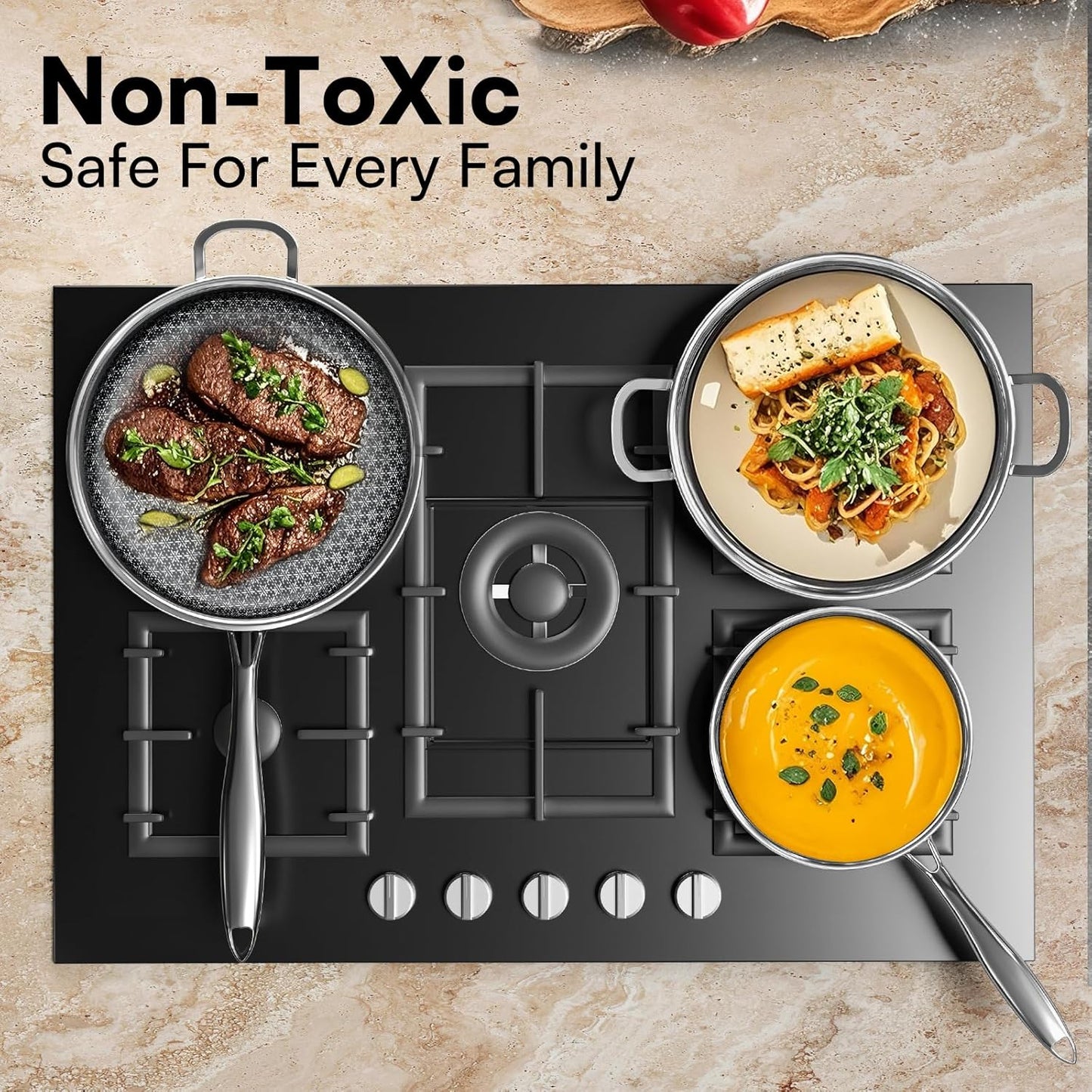 5 Qt Saute Pan with Lid, 5 Ply Stainless Steel Pan with Lid, Non Stick Frying Pans, Cooking Pot Deep Frying Pan Non-Toxic, For Induction, Oven, Dishwasher Safe