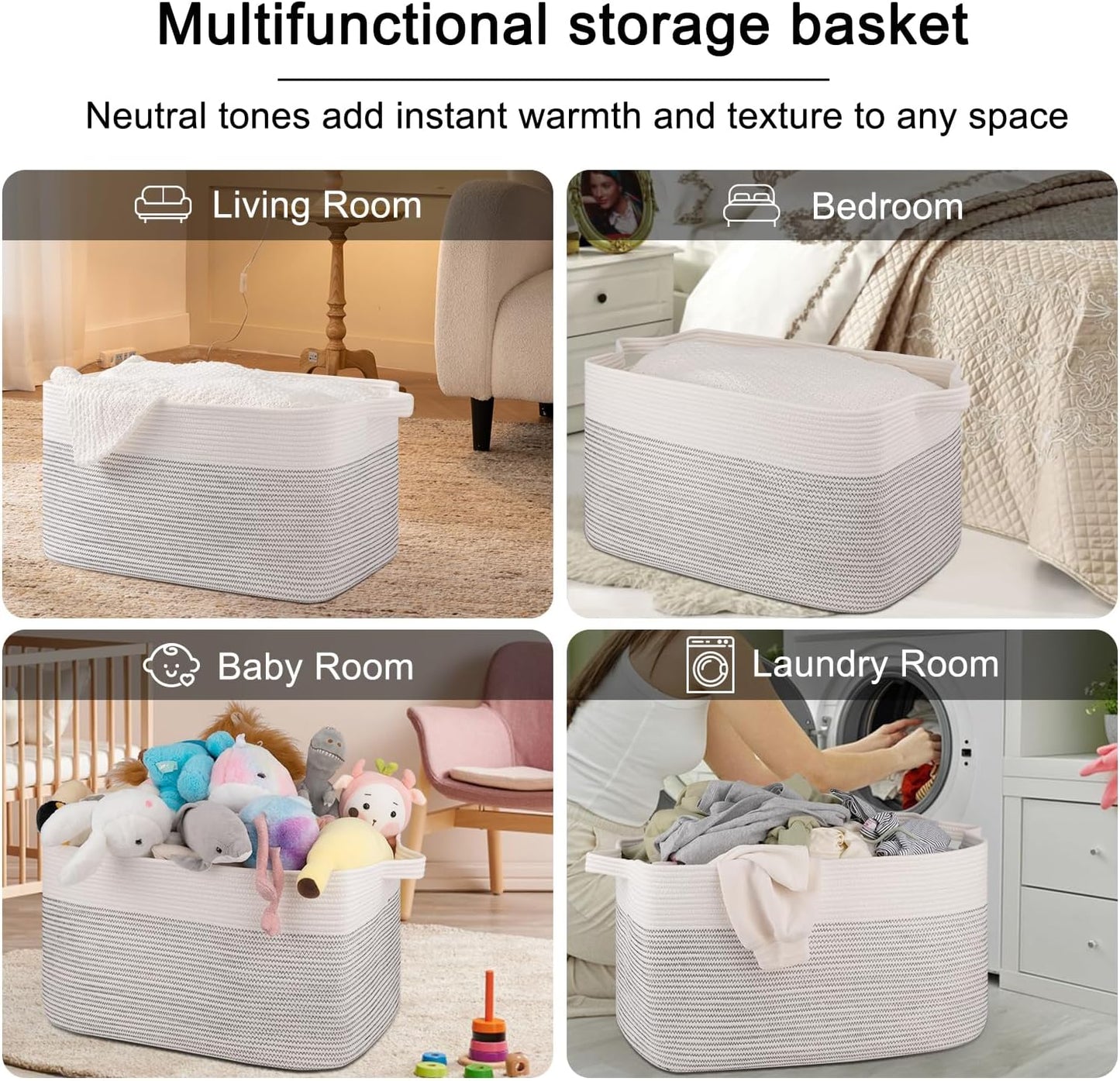 OIAHOMY 95L Blanket Basket, 24”x17”x14”, Large Woven Baskets for Storage, Nursery Cotton Rope Basket with Handle, Living Room, Nursery, Bedroom,Toy Baskets Organizer Bins, Black and White