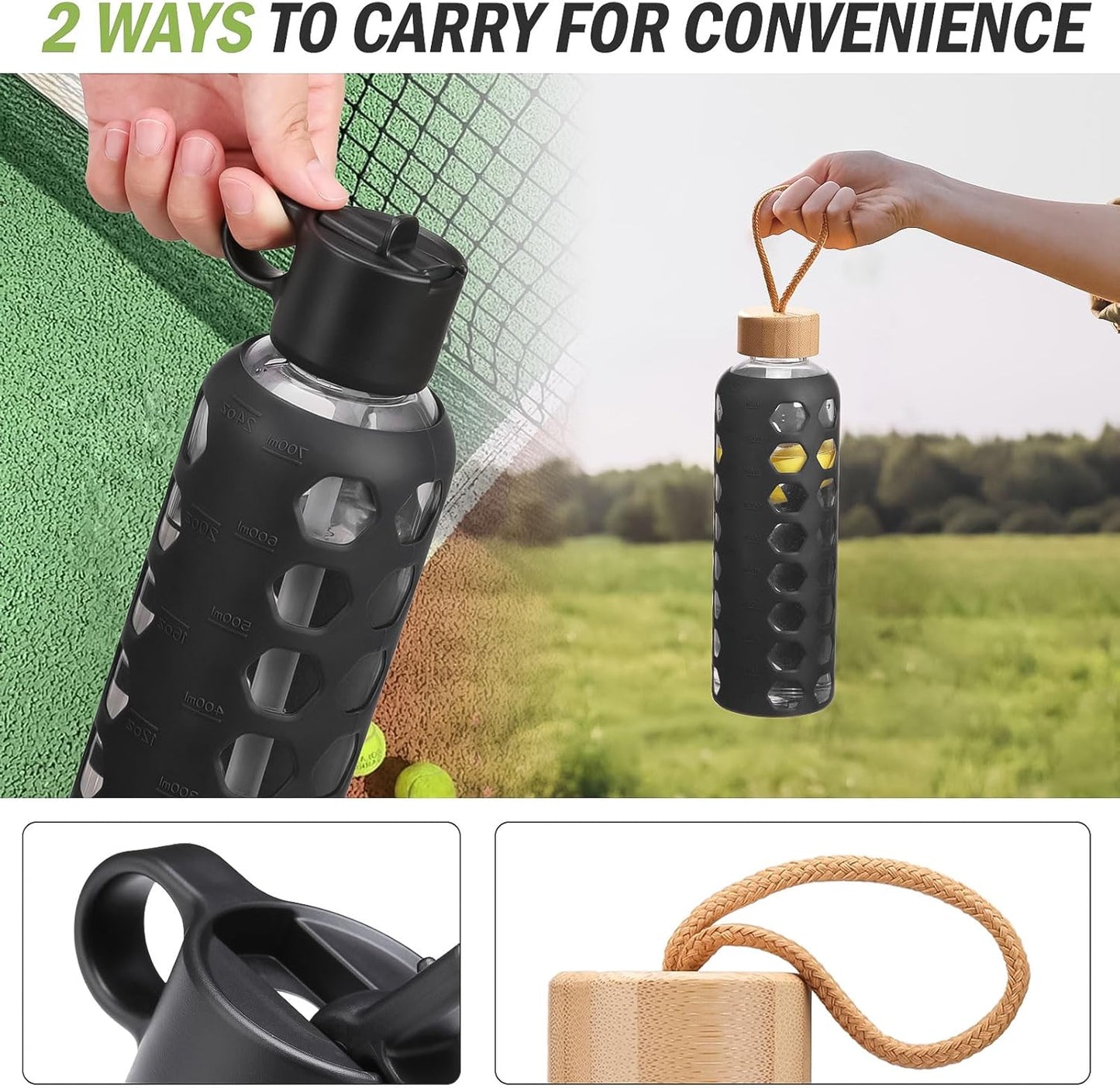 MUKOKO Glass Water Bottles, 32oz Glass Tumbler, Drinking Bottles with 2 Lids-Handle Flip Straw Lid&Bamboo Lid, Motivational Water Bottle with Time Marker and Silicone Sleeve, Leakproof-1 Pack-Black