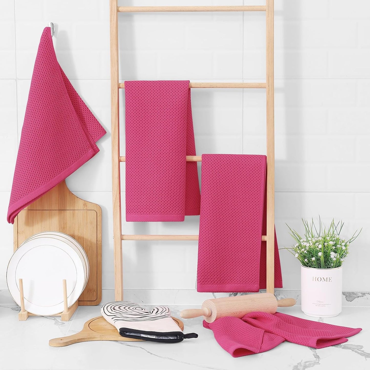 Homaxy 100% Cotton Waffle Weave Kitchen Dish Towels, Ultra Soft Absorbent Quick Drying Cleaning Towel, 13 x 28 Inches, 4-Pack, Hot Pink