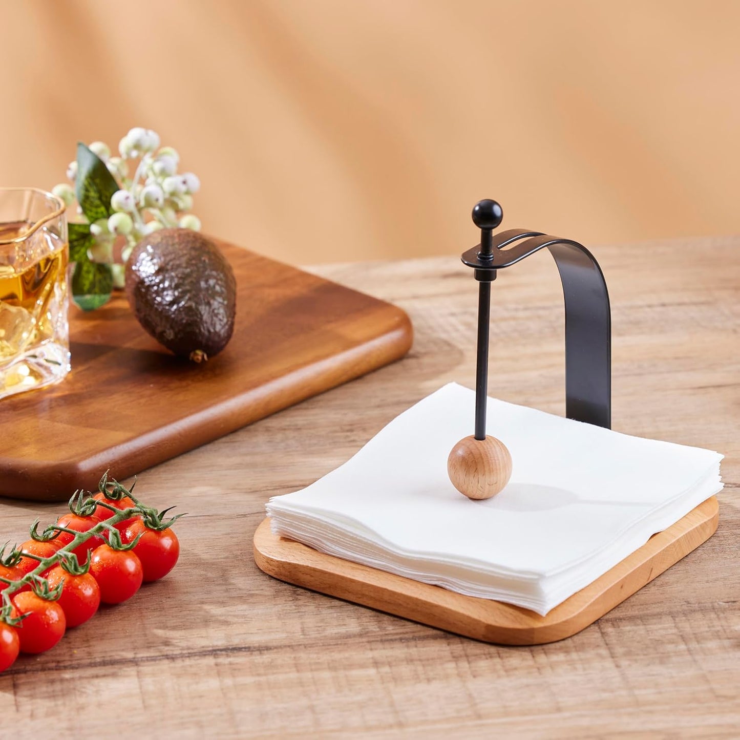 Beechwood Napkin Holder, Elegant Wood Square for Table Dispenser with Weighted Arm, Perfect for Kitchen, Office, Restaurant,Home Décor, Cafe & Outdoor Use, Warming Gift.