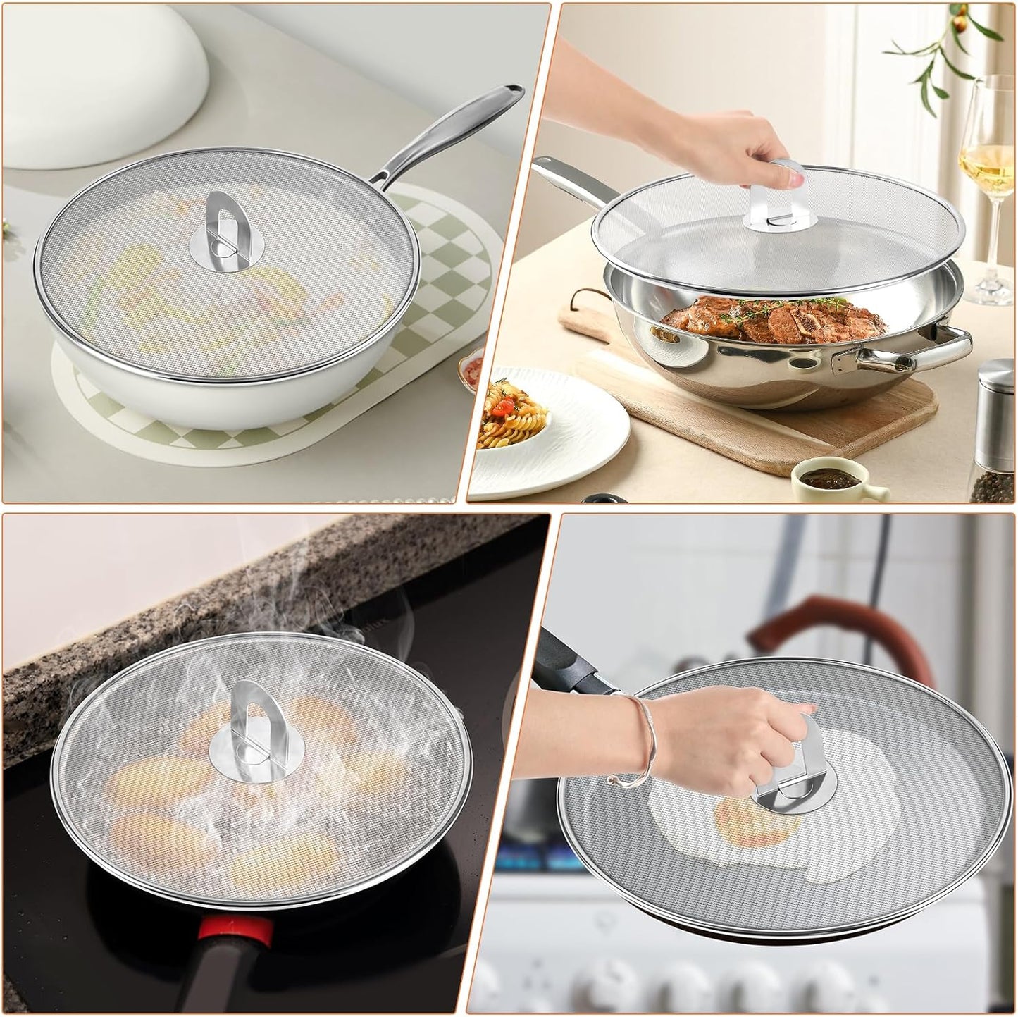 3-Pack Splatter Screens for Frying Pan - Stainless Steel Grease Splatter Guard with Foldable Knob, Ultra-Fine Mesh, Rust-Free (10", 11.5", 13") - No Oil Mess, No Burns