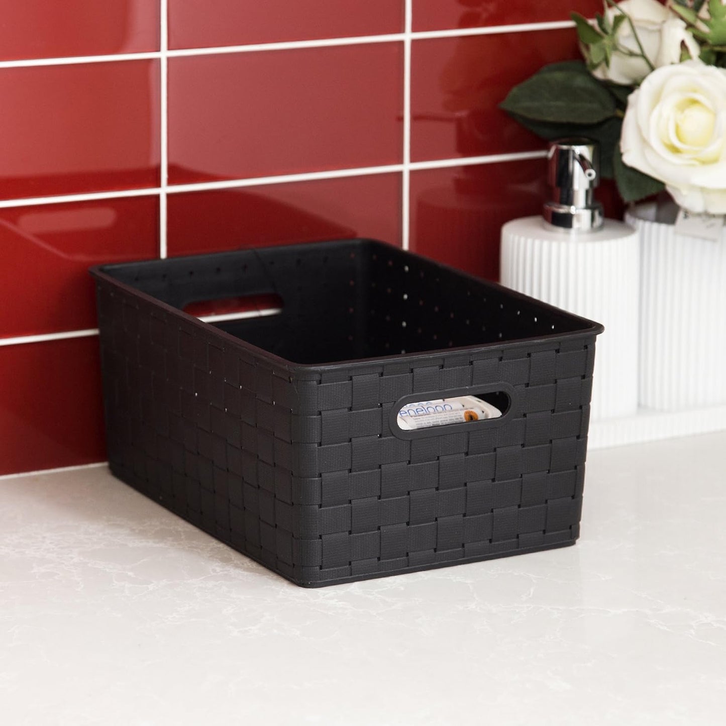 BINO Plastic Basket, Small Black, 5 Pack, The Stable Collection, Multi-Use Storage Basket, Rectangular Cabinet Organizer, Baskets for Organizing with Handles, Home & Office Storage Organizer