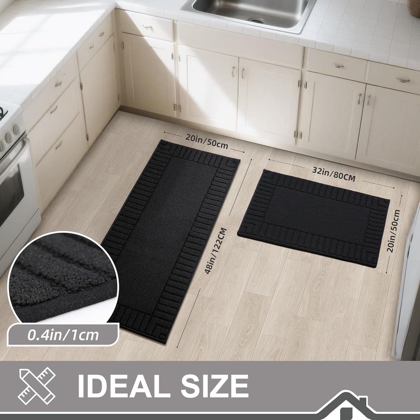 BEQHAUSE-Kitchen-Rugs-and-Mats,2 PCS Non Slip Kitchen Floor Mat,Absorbent Kitchen Mat Set Machine Washable Kitchen Runner Rug Black Kitchen Mat 20x30inch/20x48inch