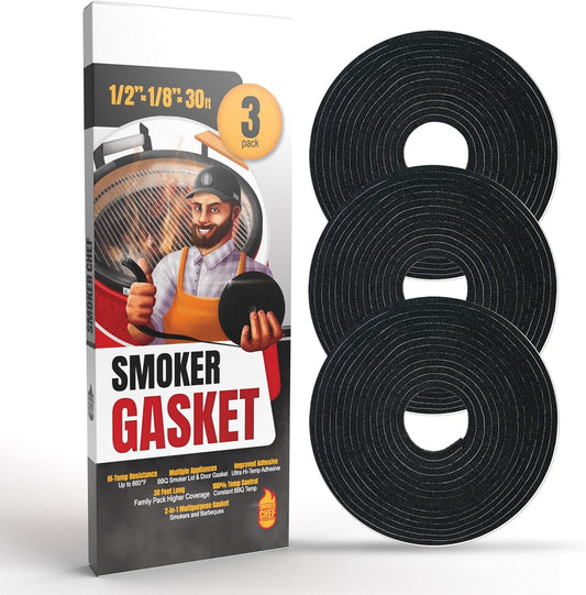 XXL 30 FT Grill Gasket for Smokers - Black 1/2’’ x 1/8’’ Hi Temp Seal Smoker Gasket – 3-Pack x 10 FT Self Stick Black Nomex Fire Tape for BBQ Lid – High Heat Temperature Material Replace