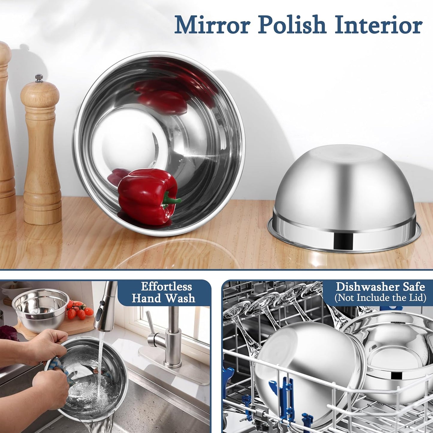 LIANYU Stainless Steel Metal Mixing Bowls, 3 Packs Deep Nesting Mixing Bowls Set for Baking Cooking and Prepping, 4.6 & 3 & 1.5QT Large and Small Size, Include Visible & Airtight Lid, Blue