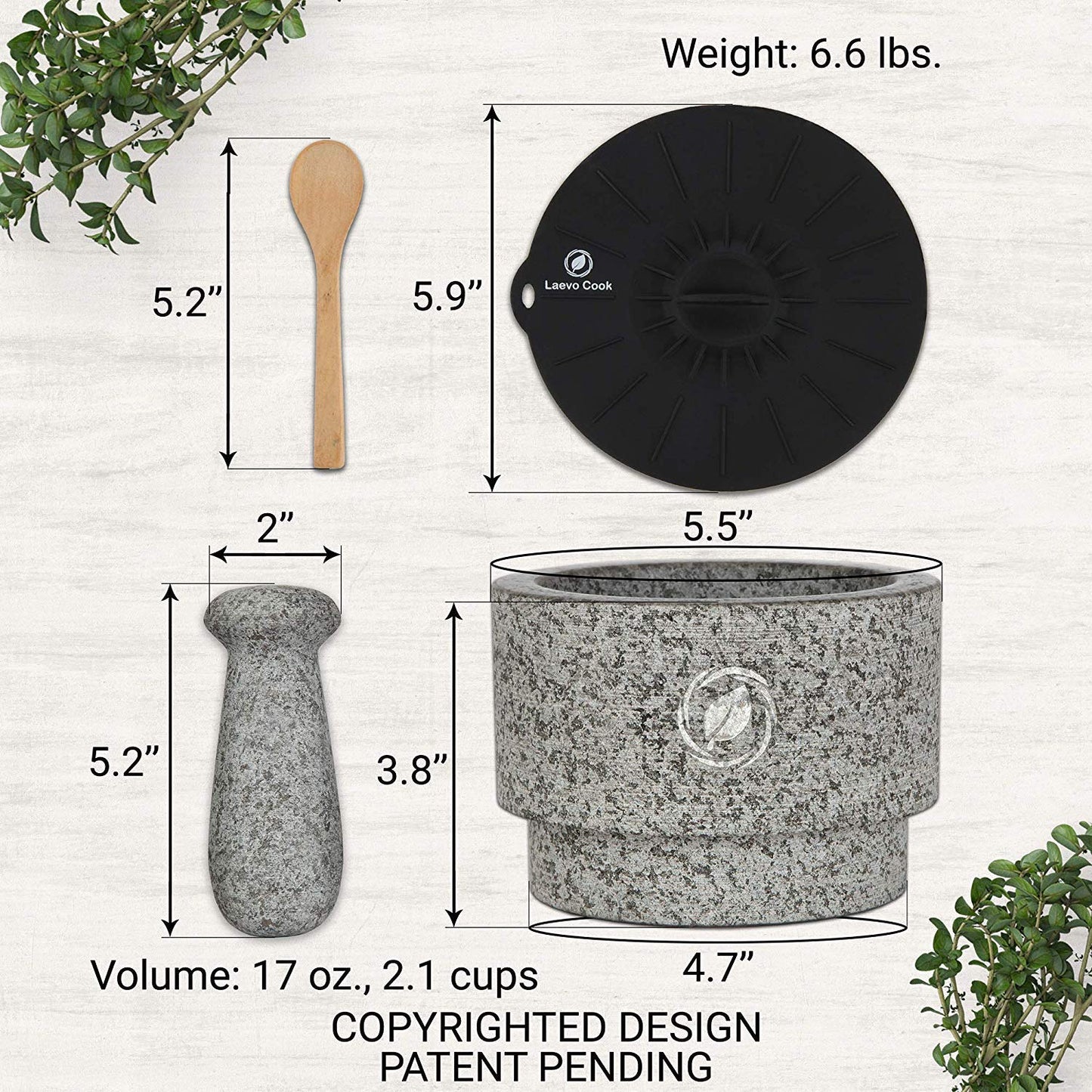 Laevo Mortar and Pestle Set (Large) - Stone Spice Grinder - Grinding Bowl and Pestle - Reversible Molcajete Mexicano - Large Mortar and Pestles Set for Guacamole, Spices - 2.1 Cup, Gray Granite