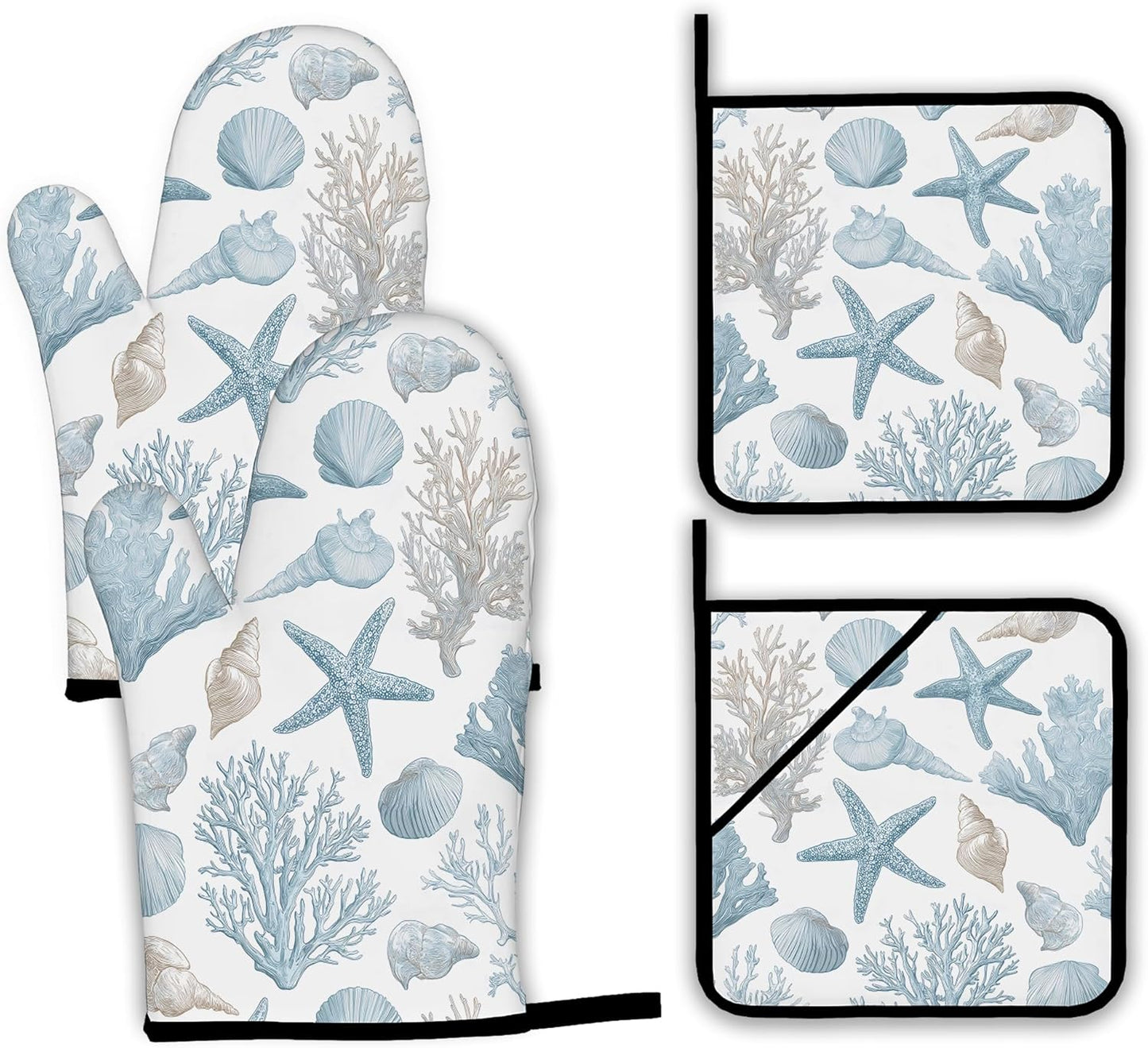 Starfish Oven Mitts and Pot Holders Set,Coral Shell Kitchen Oven Gloves and Pot Holder with Heat Resistant Non Slip for Cooking Baking Grilling(4 Piece Set)