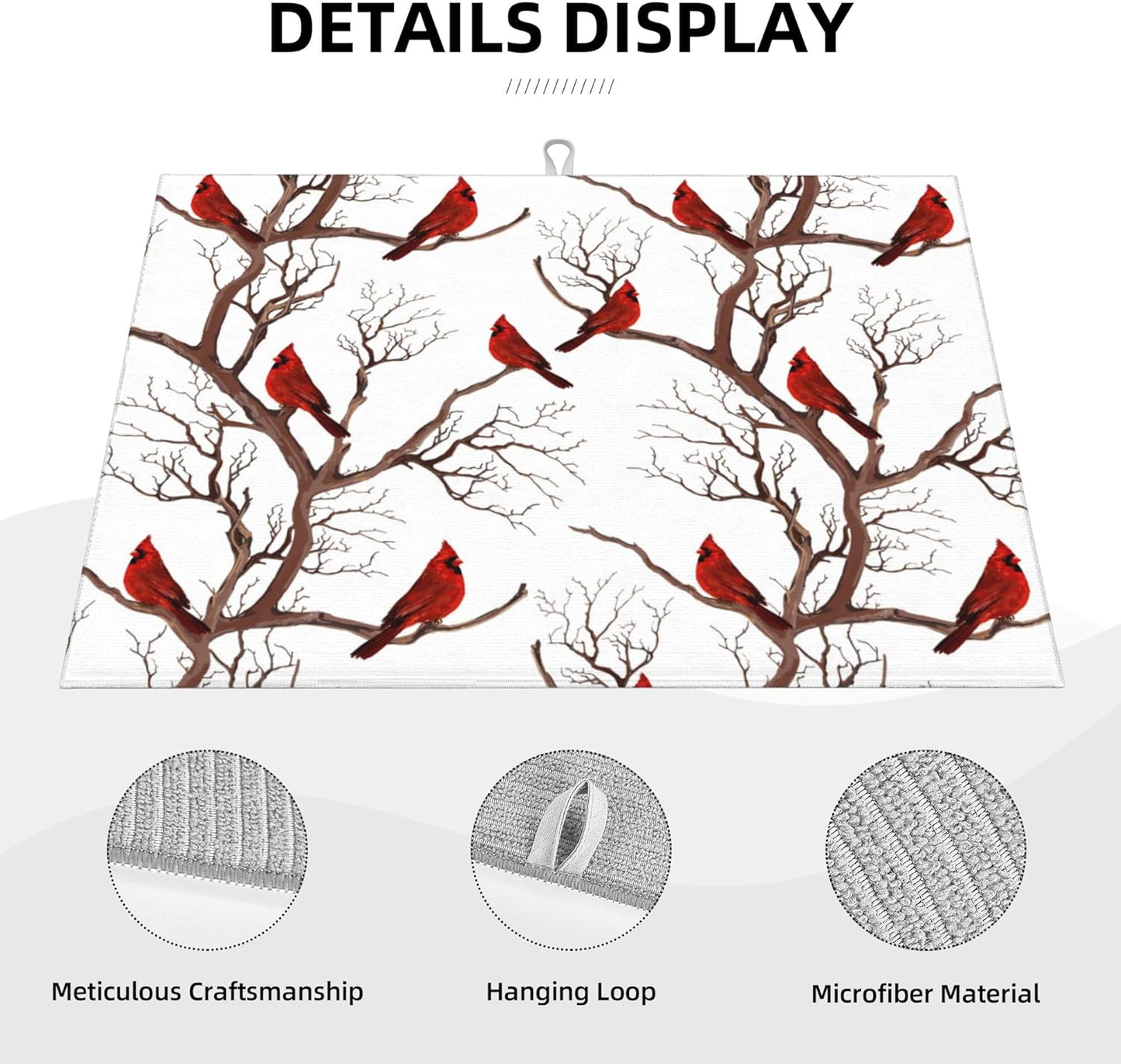 Winter Cardinal Birds Microfiber Dish Drying Mat for Kitchen Counter 18"x24" Christmas Dishes Drying Pad Dish Drainer Rack Mats Absorbent Washable Reusable Christmas Kitchen Home Holiday Decor