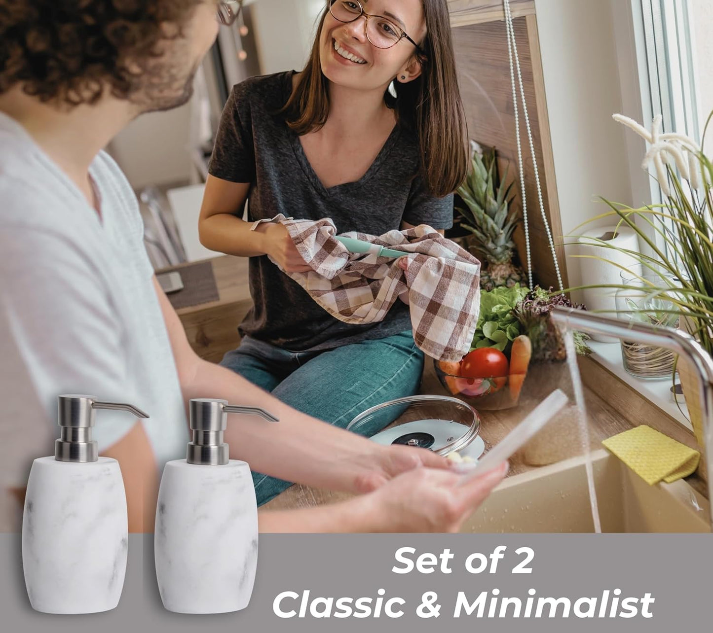 Resin Soap Dispenser Set 2, Refillable Hand Soap Dispenser with White Marble Look and Metallic Pump, Kitchen, Bathroom, Waterproof Labels (12 Oz)