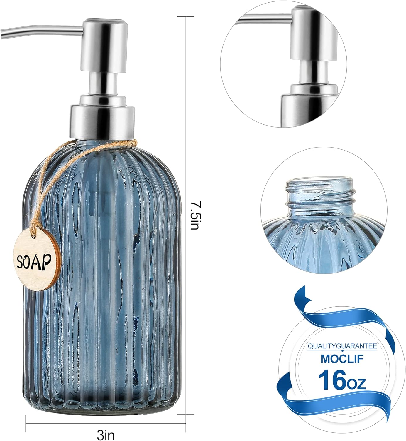 16 OZ Soap Dispenser，Tempered Glass Clear Vertical Stripe with 304 Rust Proof Stainless Steel Pump Refillable Liquid Hand Soap Dispenser，for Bathroom, Kitchen, Dish Soap，Lotion (Blue Grey)