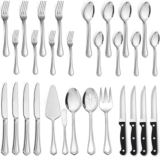 LIANYU 29-Piece Silverware Flatware Set for 4, Plus Steak Knives and Serving Utensils, Stainless Steel Cutlery Set, Eating Utensils Tableware with Scalloped Edge, Dishwasher Safe