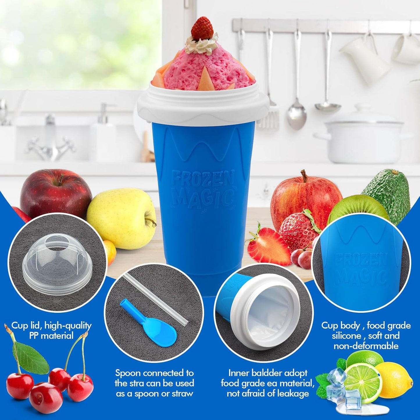 Slushie Maker Cup, Quick Frozen Magic Cups for Homemade Milk Shake Ice Cream Maker, Double Layer Squeeze Slushy Maker Cup, Birthday Gifts for Kids,Friends,Family (Bule)