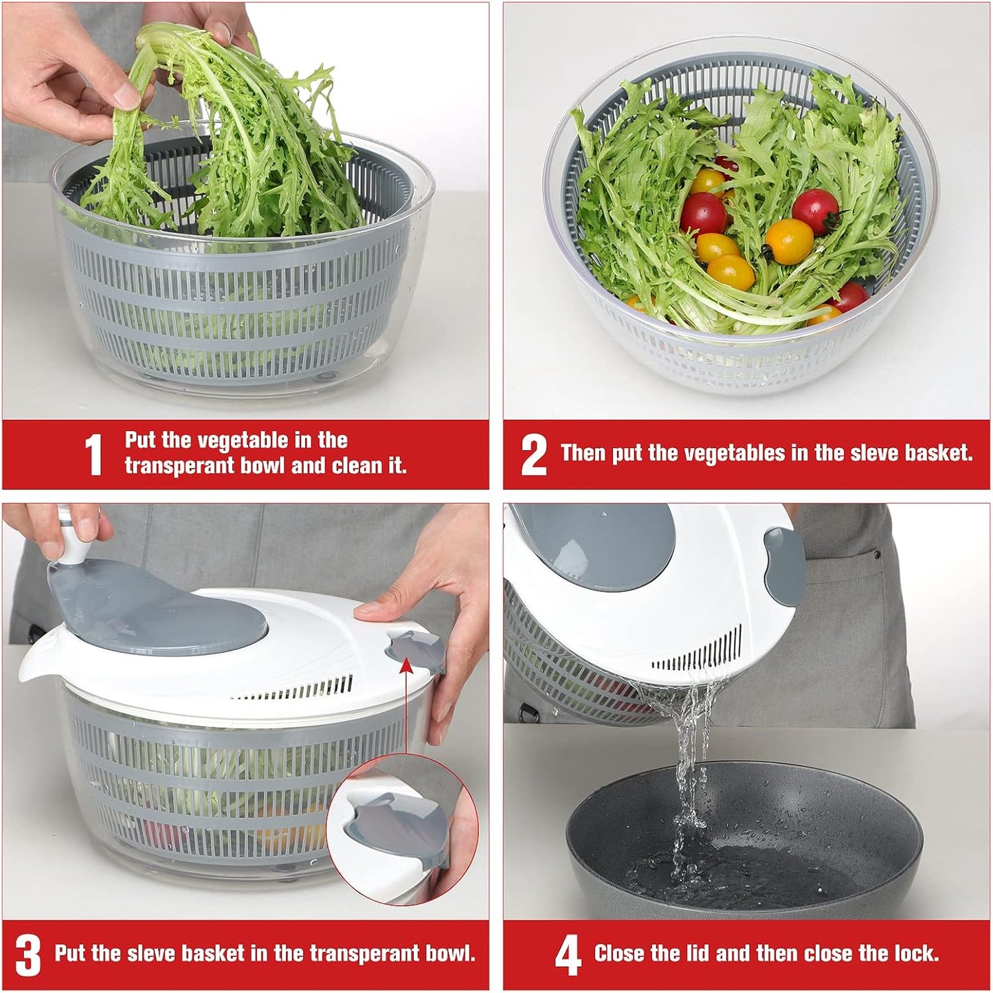 Smile mom Salad Spinner Large Lettuce Spinner Kitchen Gadgets, Large Salad Spinner Vegetable Washer, High Efficiency for Home Kitchen Washing & Drying Leafy Vegetables With Rotary Handle 4.2Qt Grey