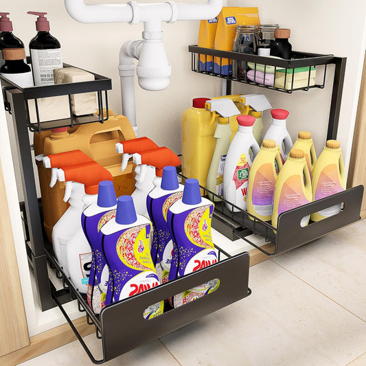 VUSIGN Under Sink Organizer, 2 Tier Pull Out Bathroom Cabinet Organizer, Under Kitchen Sink Organizers and Storage, Under Sink Shelf,2 Pack, Black