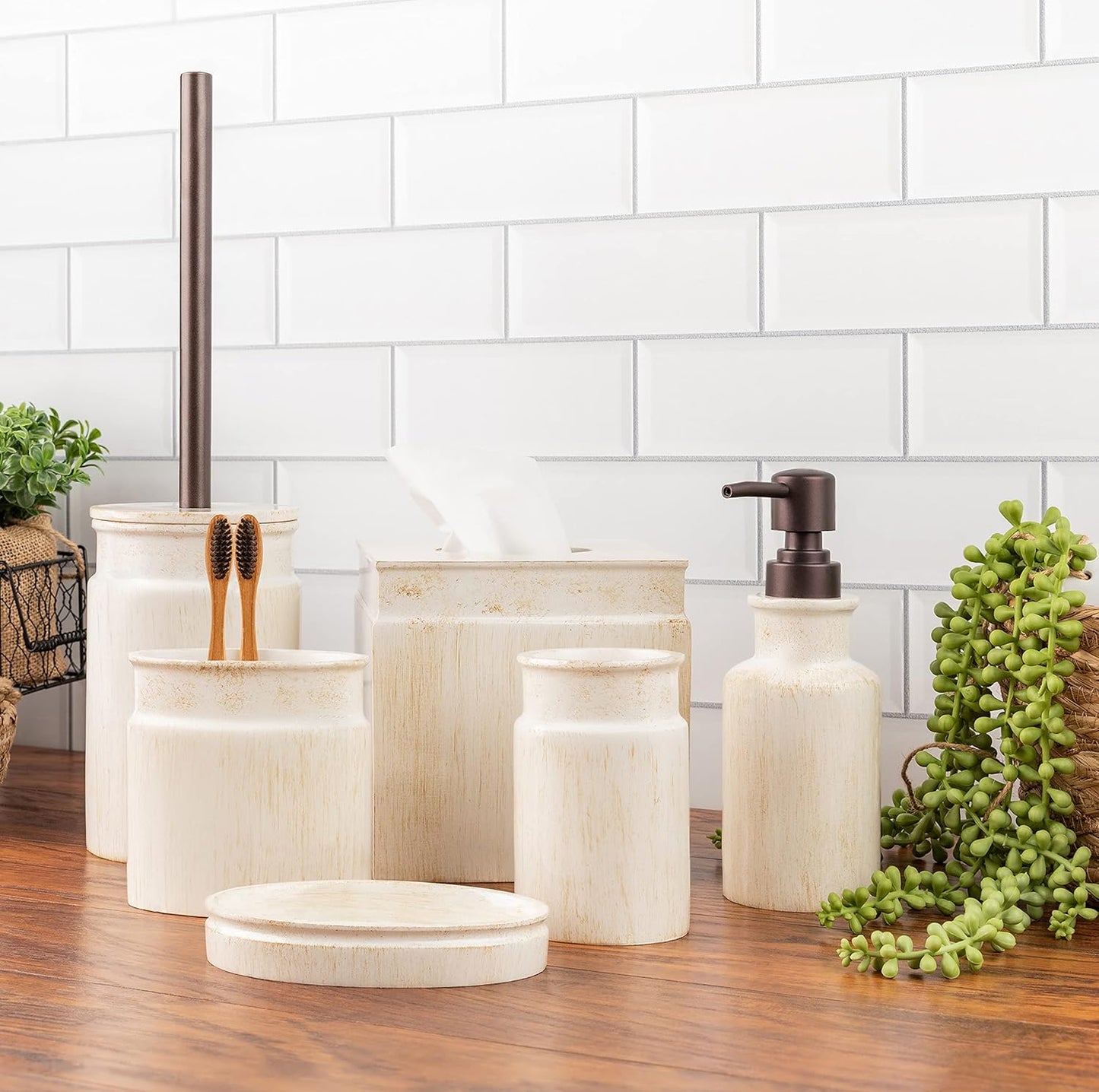Creative Scents Rustic Luxe Bathroom Accessory Set - 6 Piece Modern Bathroom Sets Accessories Features: Toilet Brush and Holder, Tissue Cover, Soap Dispenser, Toothbrush Holder, Soap Dish & Tumbler