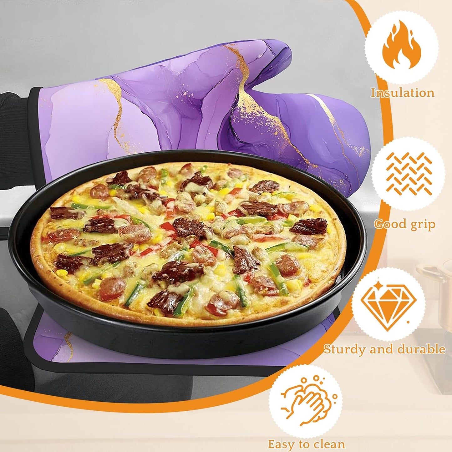 Marble Oven Mitts and Pot Holders Set,Purple Gold Marble Kitchen Decor Heat Resistant Non Slip Hot Pads and Oven Mitt for Chef Cooking Baking BBQ Mom Girl Gifts(4 Piece Set)