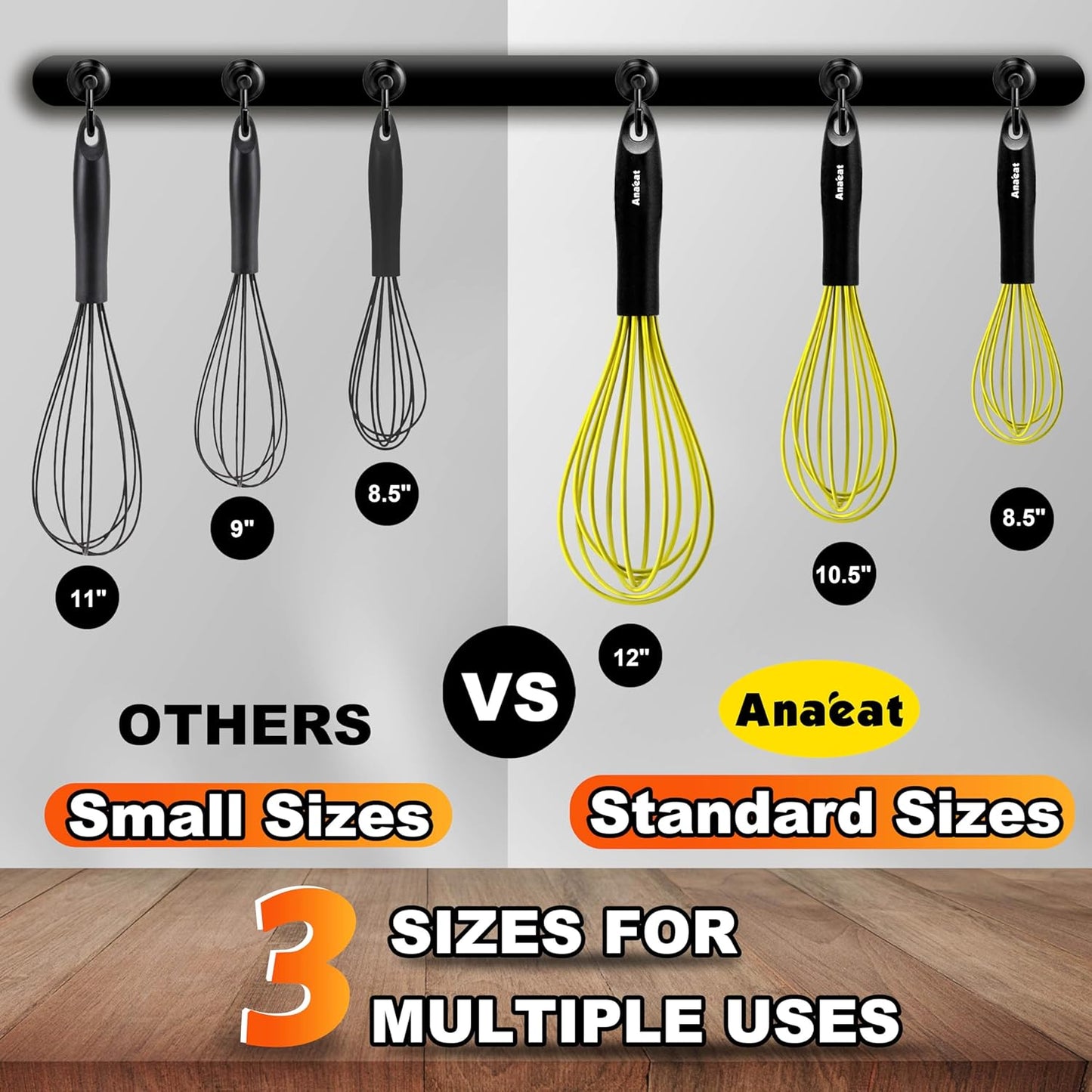 Anaeat Silicone Whisk, Thick Stainless Steel Wire Inner Heat Resistant - Kitchen Whisks for Non-Stick Cookware, Balloon Egg Beater for Whisking, Blending, Beating, Frothing & Stirring (Yellow)