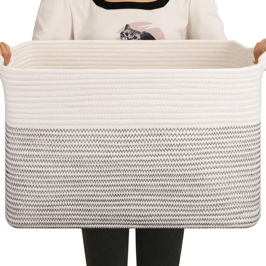 OIAHOMY 65L Blanket Basket, Cotton Rope Woven Blanket storage for Living Room, Rectangle Woven Baskets for Storage, 20''×16''×12'', Black and White