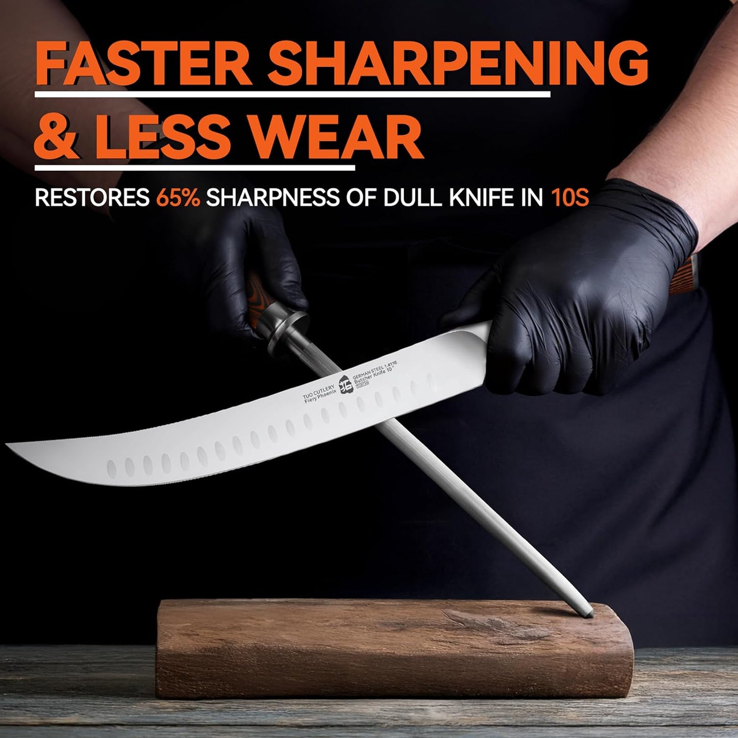 TUO Honing Steel, 10 Inch Knife Sharpener Rod with Pakkawood Handle for Kitchen Knives Daily Sharpening Maintenance - Fiery Phoenix Series