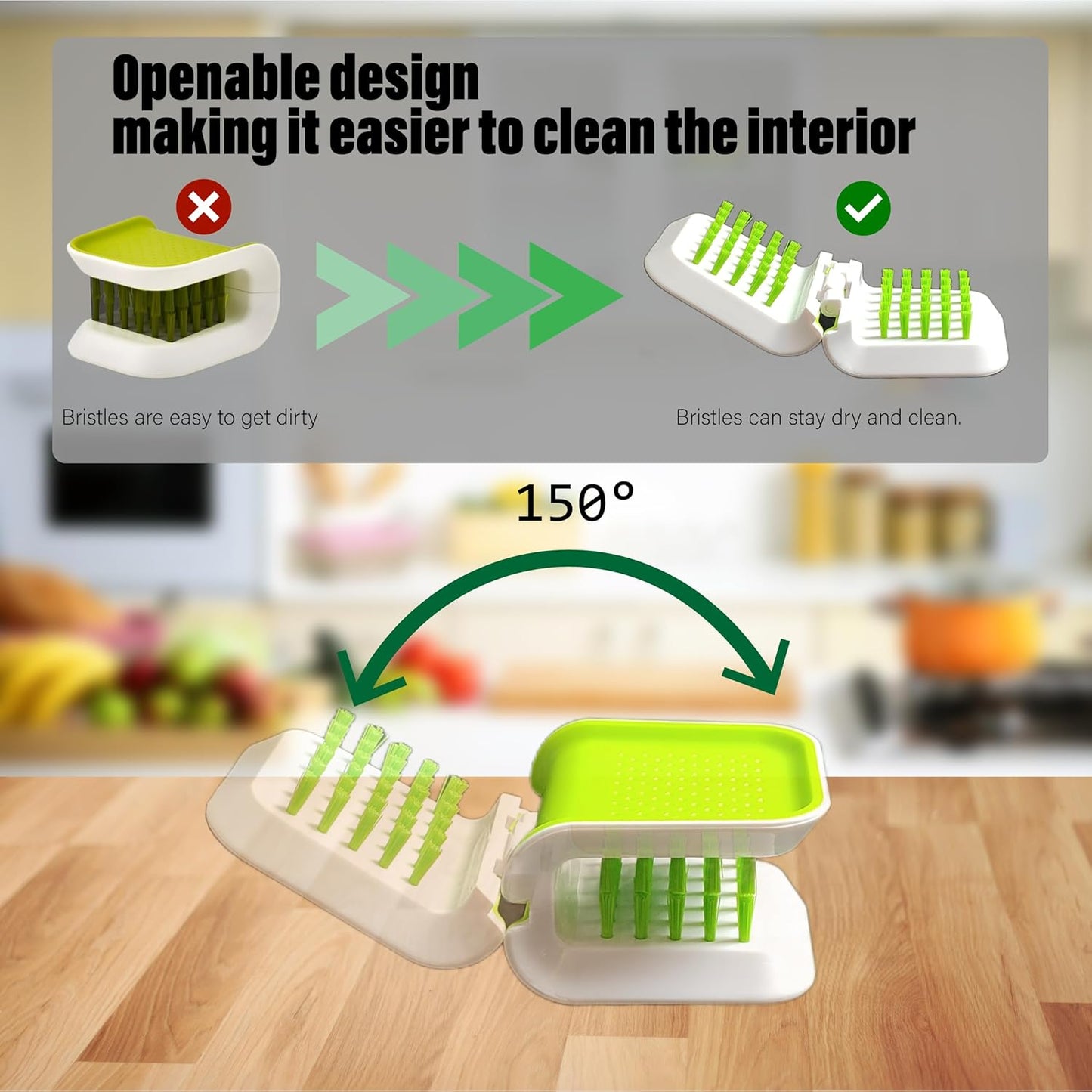 4pcs (2Brush and 2Wall Hook) Openable BladeBrush Knife and Cutlery Cleaner Brush, Silverware Scrubber, Bristle Scrub for Kitchen Washing, Non-Slip, U-Design,Green,Retractable (KCCB-O)