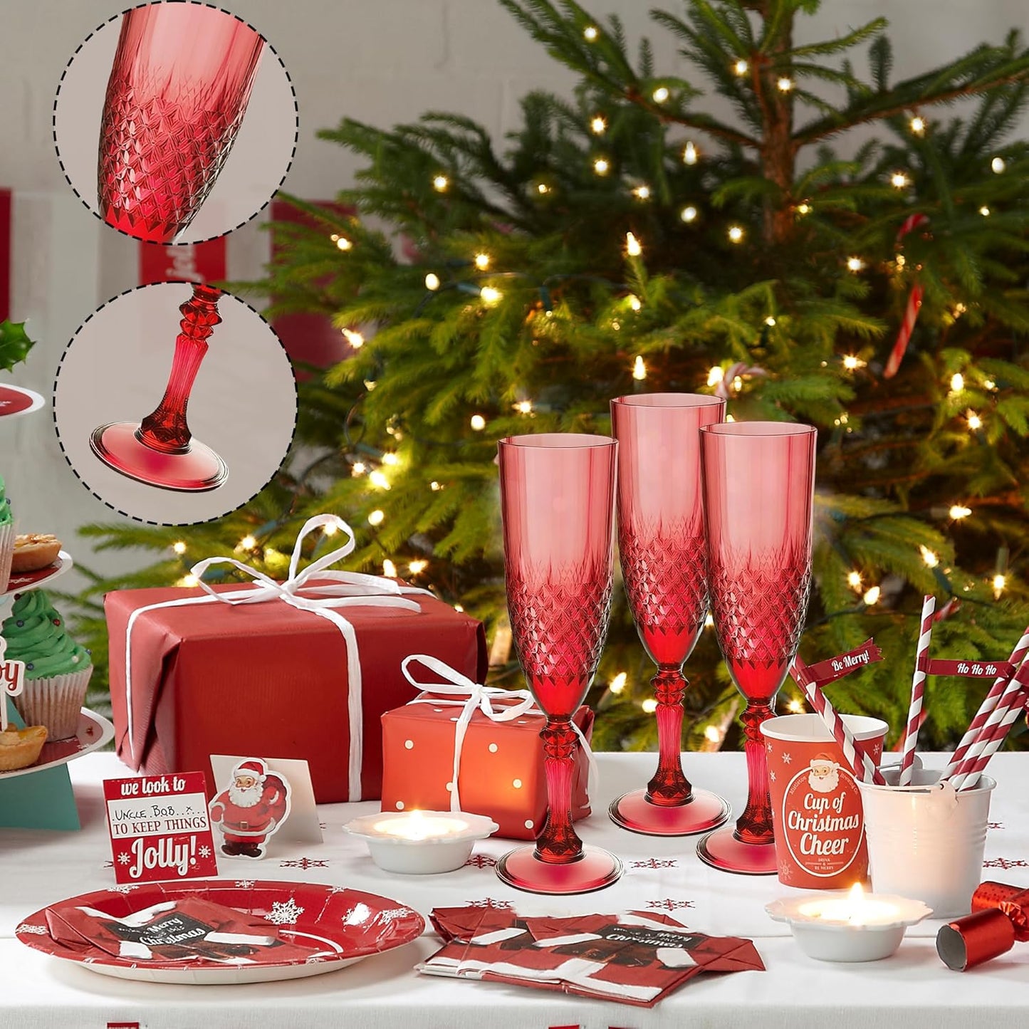 Plastic Champagne Flutes, 24PCS Dark Red Plastic Wine Glasses Goblets Reusable Champagne Flute for Weddings, Christmas, Bachelor Parties, Toasting, and Events(24, Dark Red)