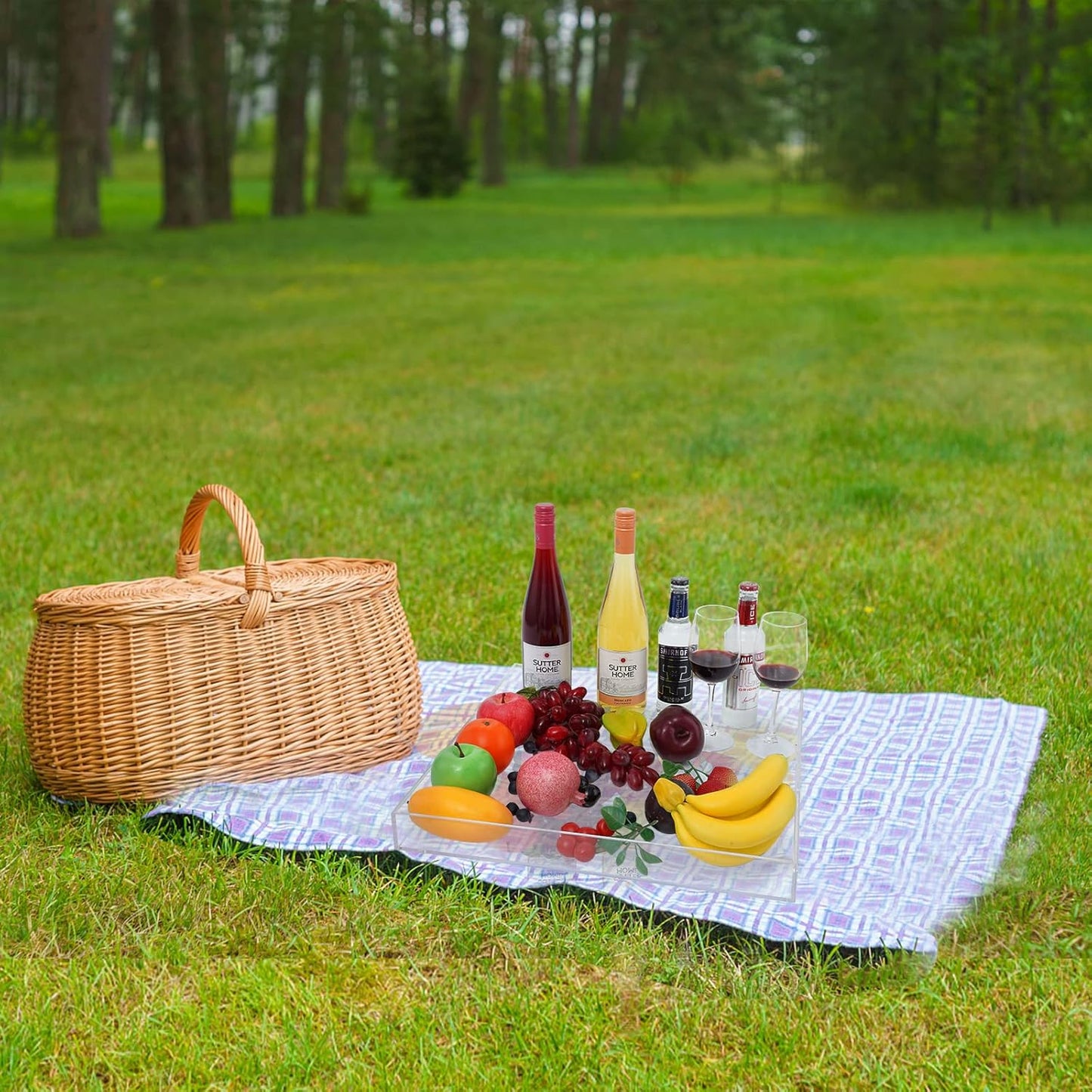 22×22 Inches Oversize Extra Large Sturdy Clear Acrylic Serving Tray King Size Decorative Big Ottoman Trays with Cut Out Handles Water Proof Bed Tray Coffee Counter Top Organizer