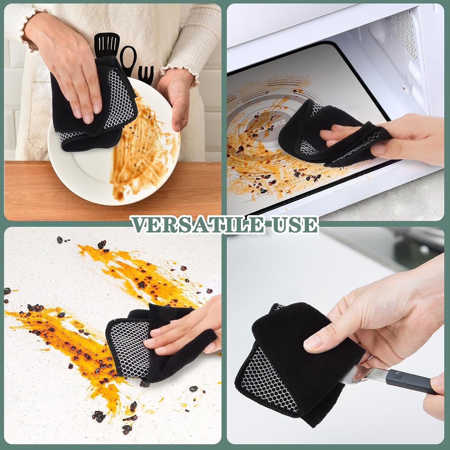 SINLAND Microfiber Dish Cloth for Washing Dishes Dish Washing Rags Best Kitchen Washcloth Cleaning Cloths Wash Cloths with Poly Scour Side 7.87Inchx7.87Inch 10 Pack Black