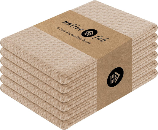 Native Fab Cotton Kitchen Towel with Hanging Loop 16x26 inches, 6-Pack, Waffle Weave Kitchen Towels for Cleaning Drying, Washcloths Soft & Absorbent Cloth Rags, Bar Towel, Dish Cloth, Beige