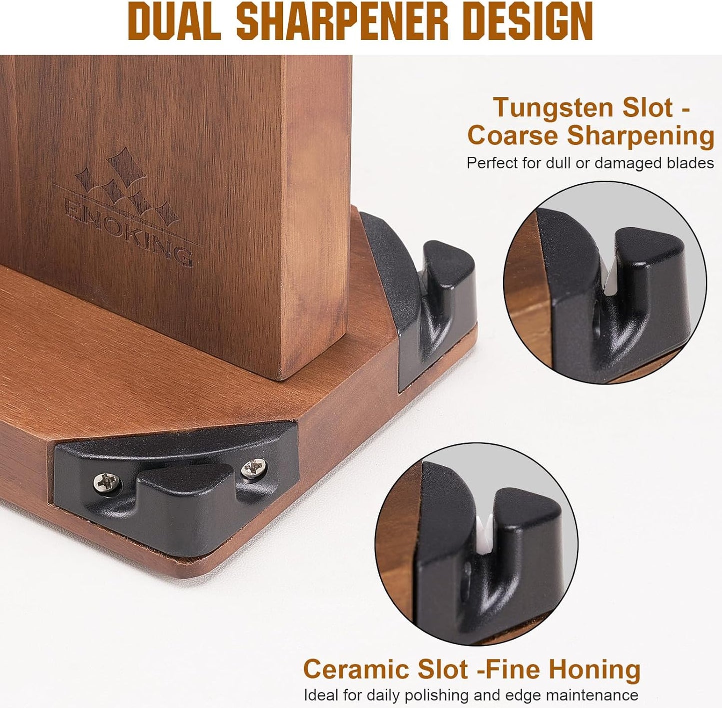 ENOKING 15.2" Extra Large Magnetic Knife Block with Dual Sharpeners, Acacia Wood Knife Holder & Display Stand with Strong Magnets